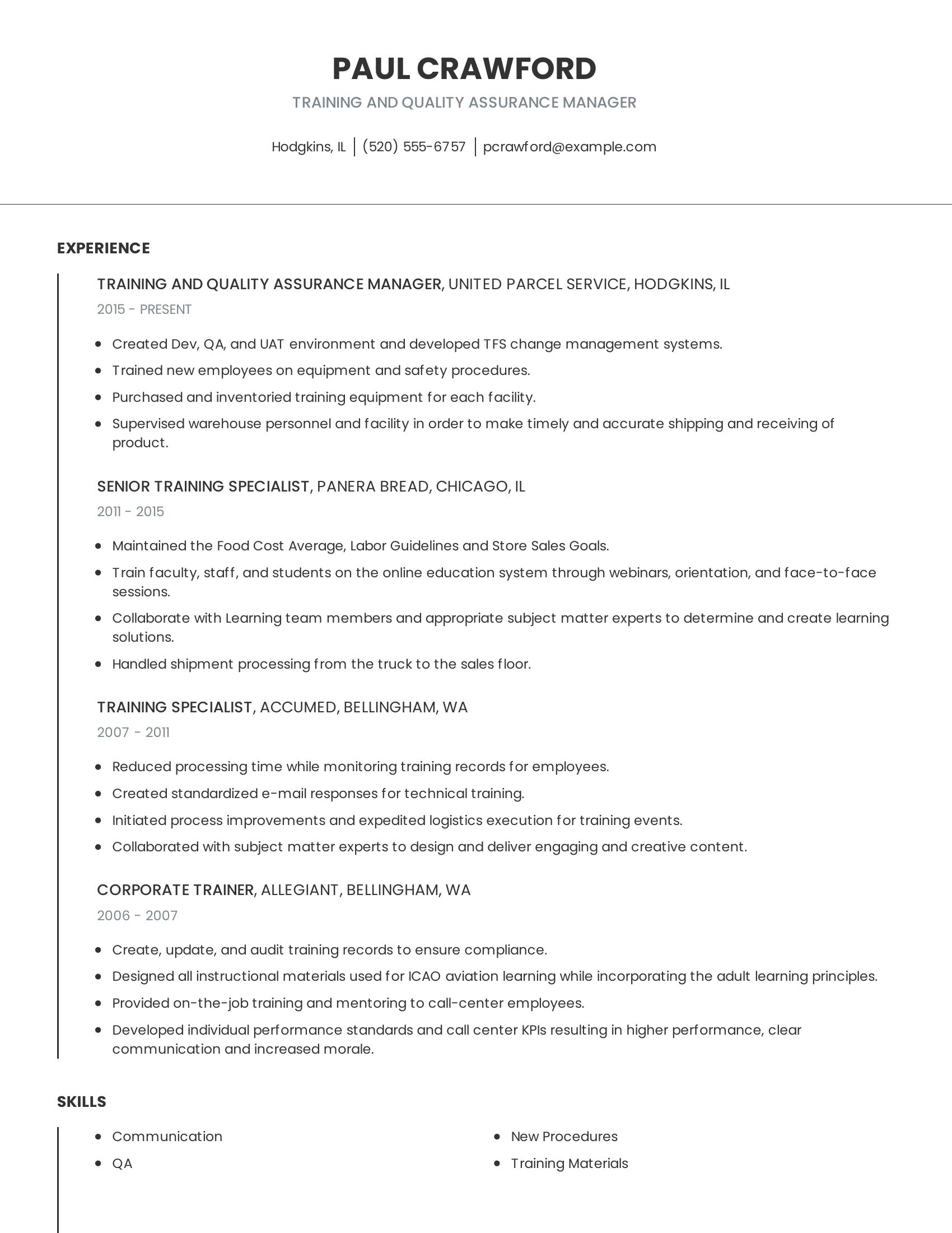 Training And Quality Assurance Manager resume example