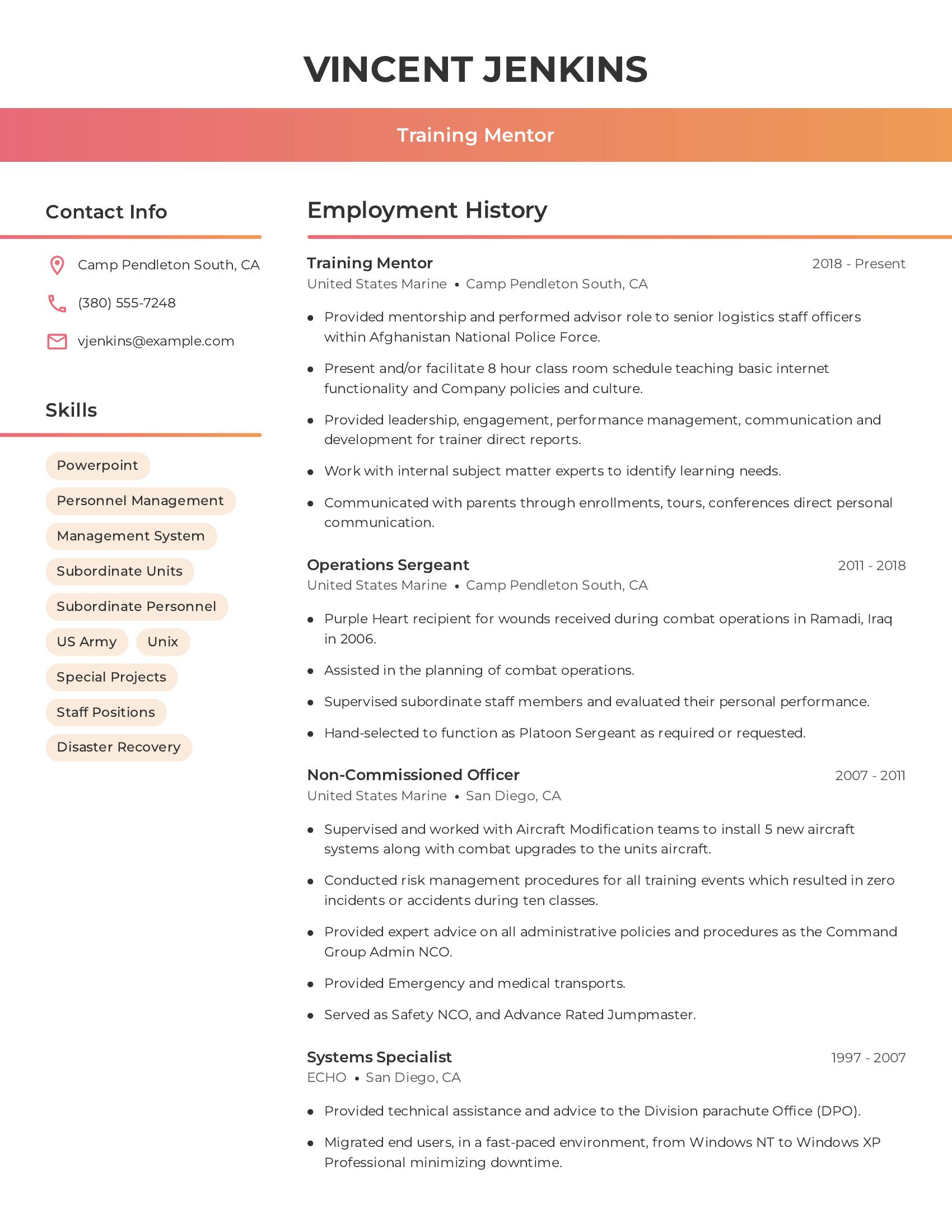 Training Mentor resume example