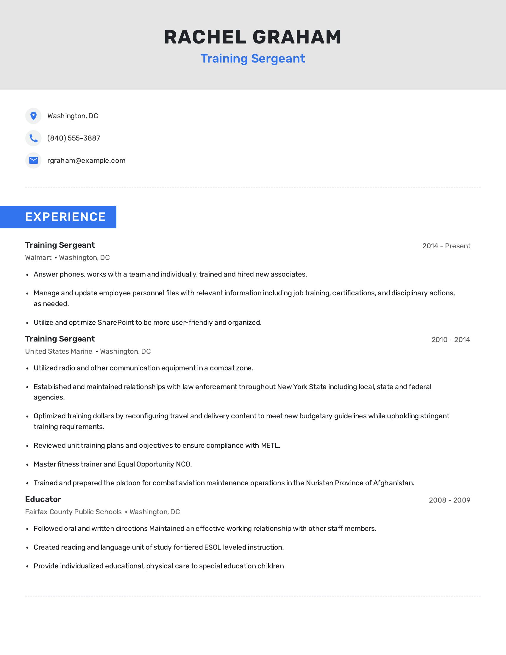 Training Sergeant resume example
