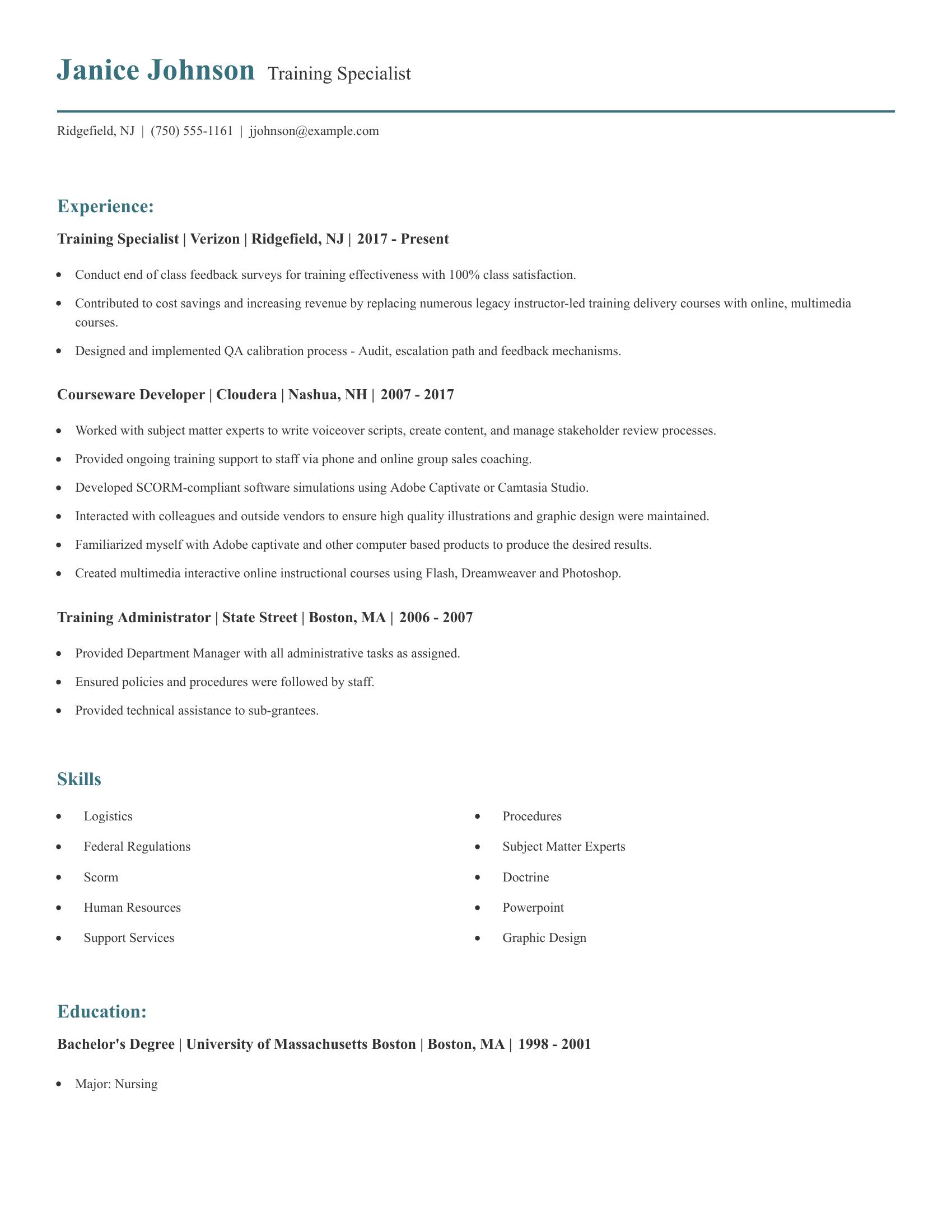 Training Specialist resume example