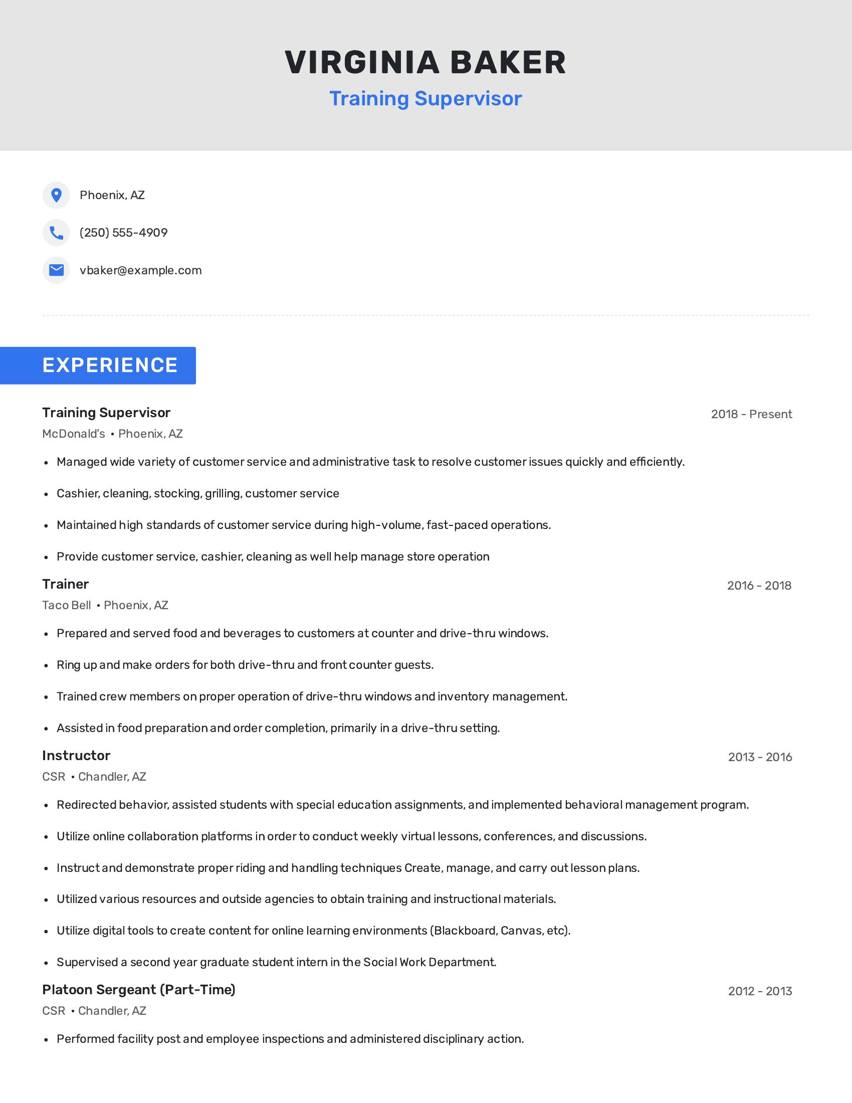 Training Supervisor resume example