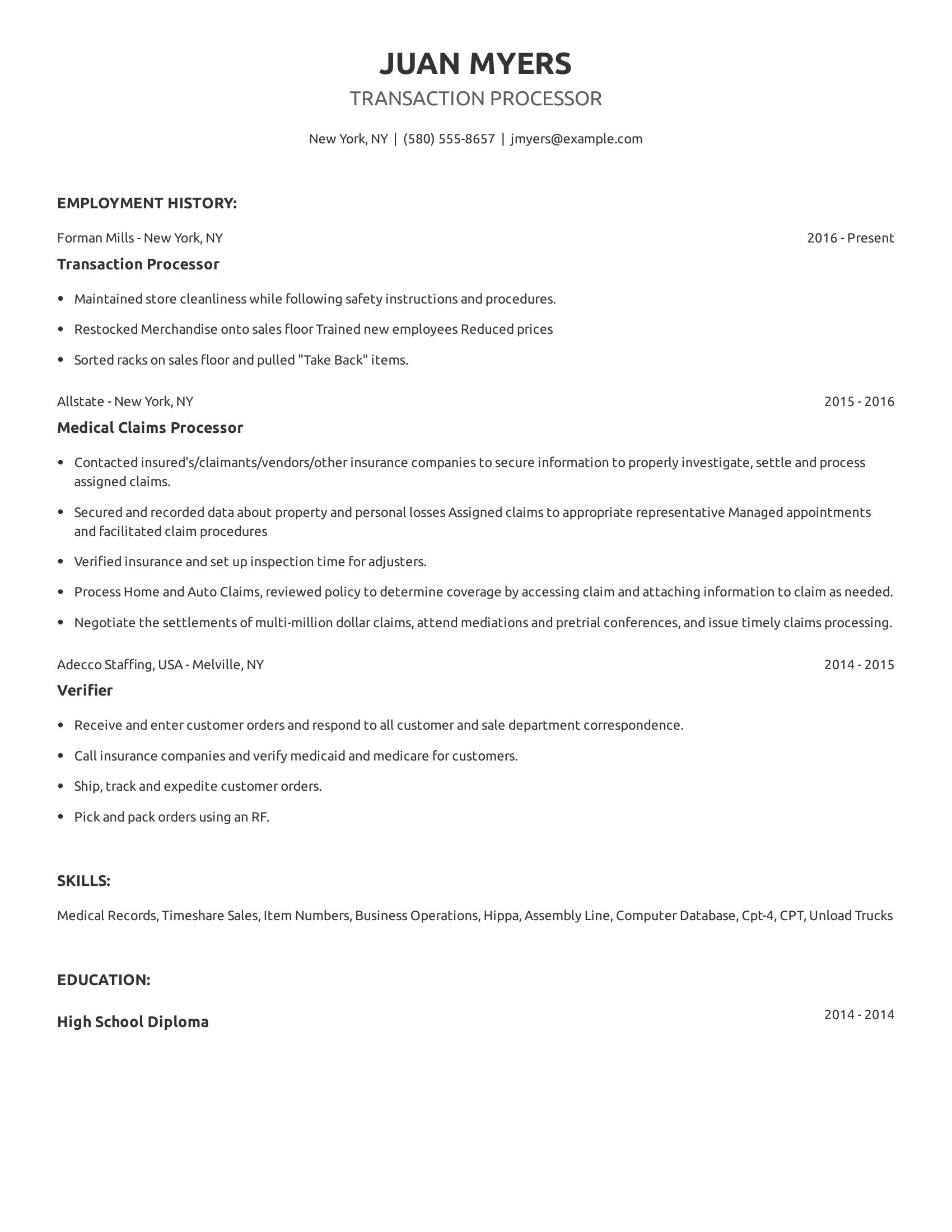 Transaction Processor resume example