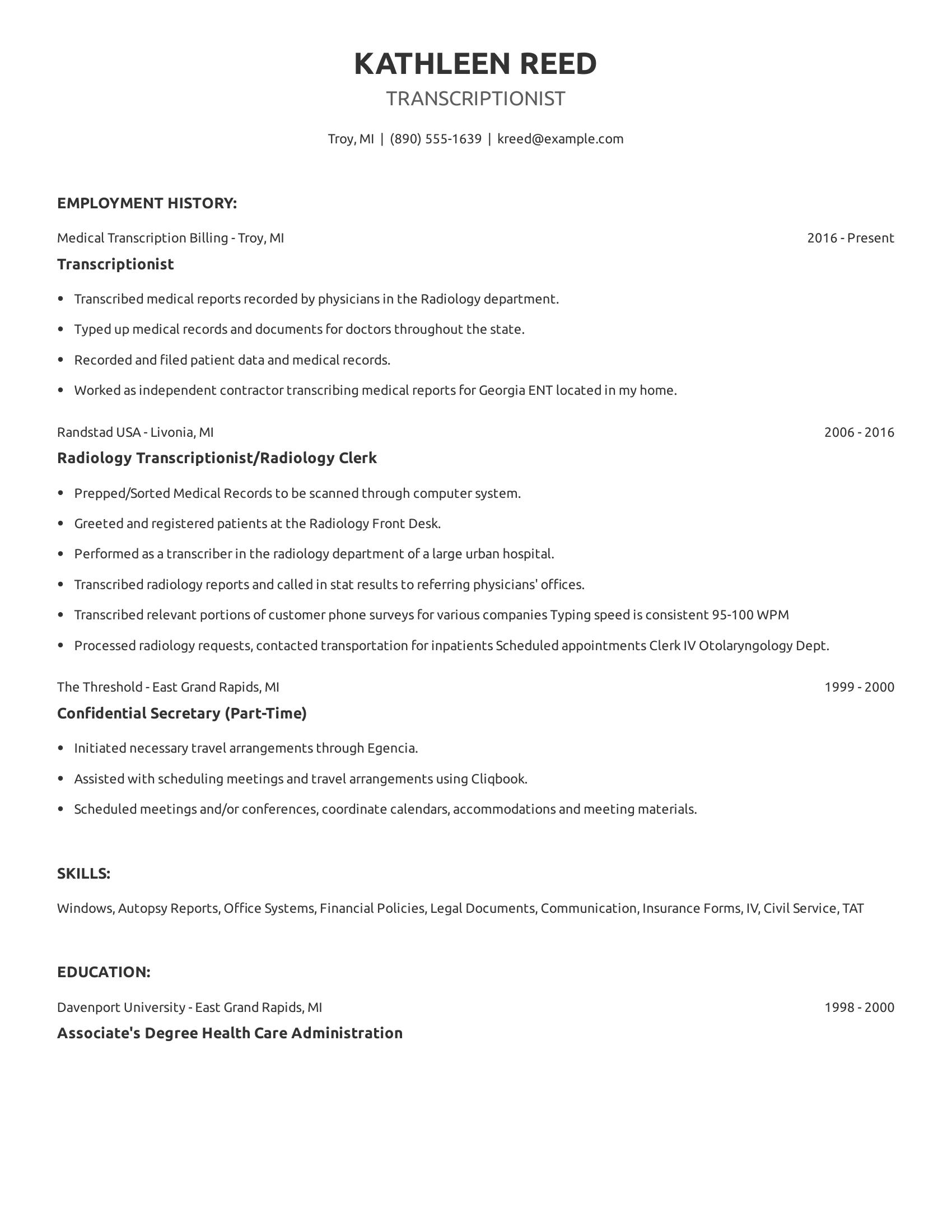 Transcriptionist resume example