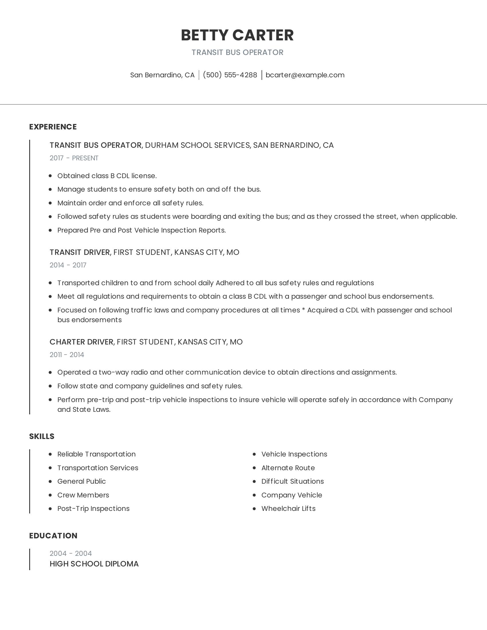 Transit Bus Operator resume example