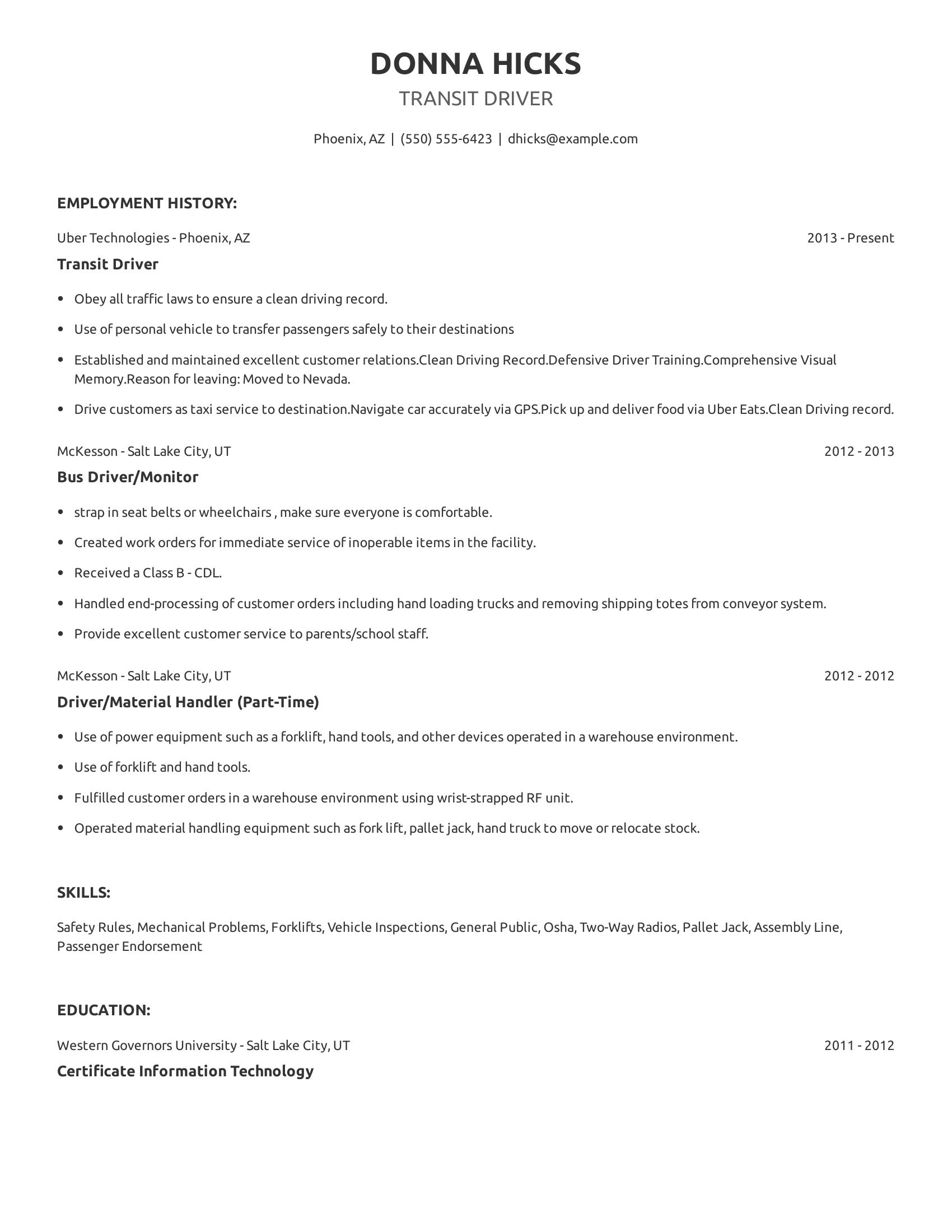 Transit Driver resume example