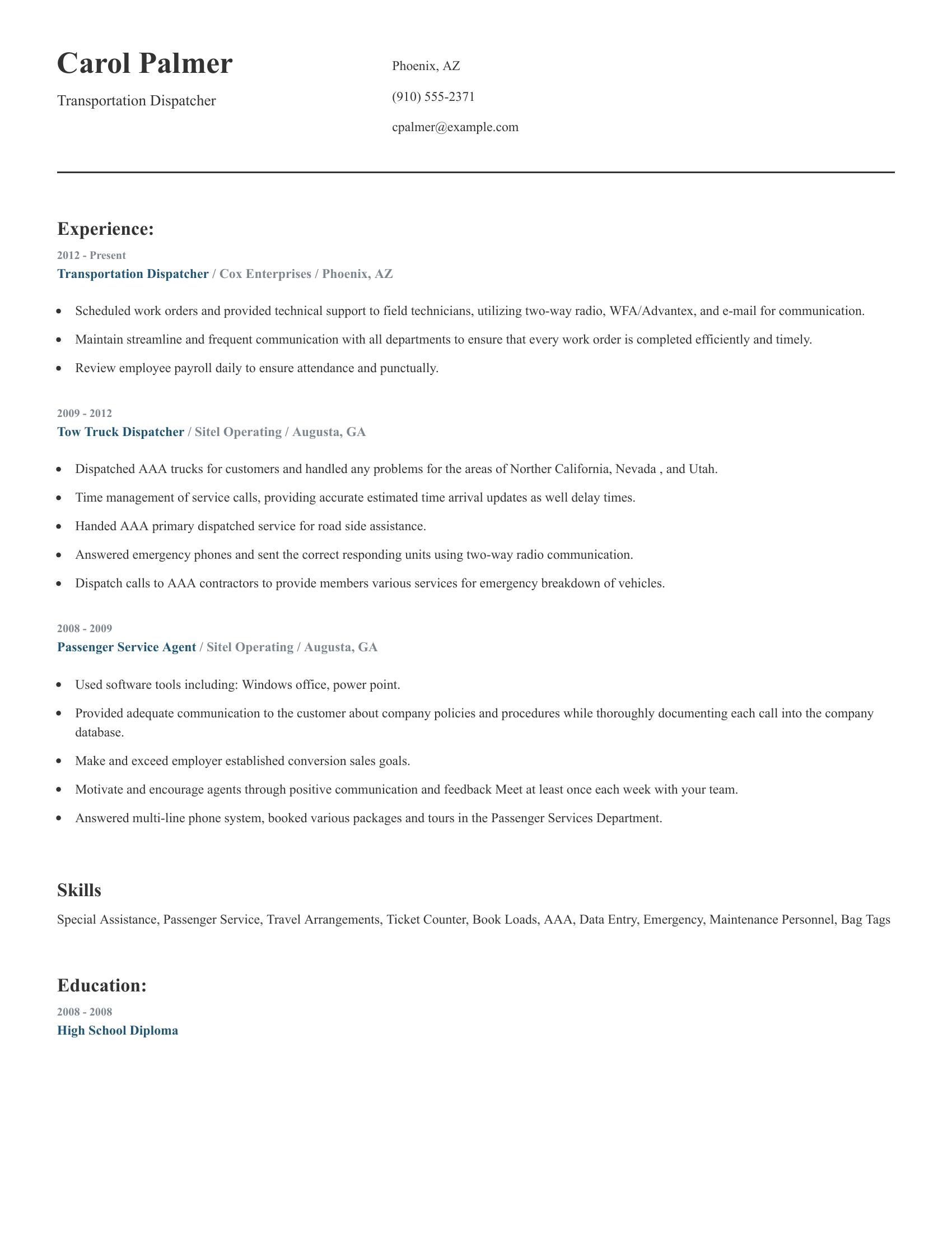 Transportation Dispatcher resume example