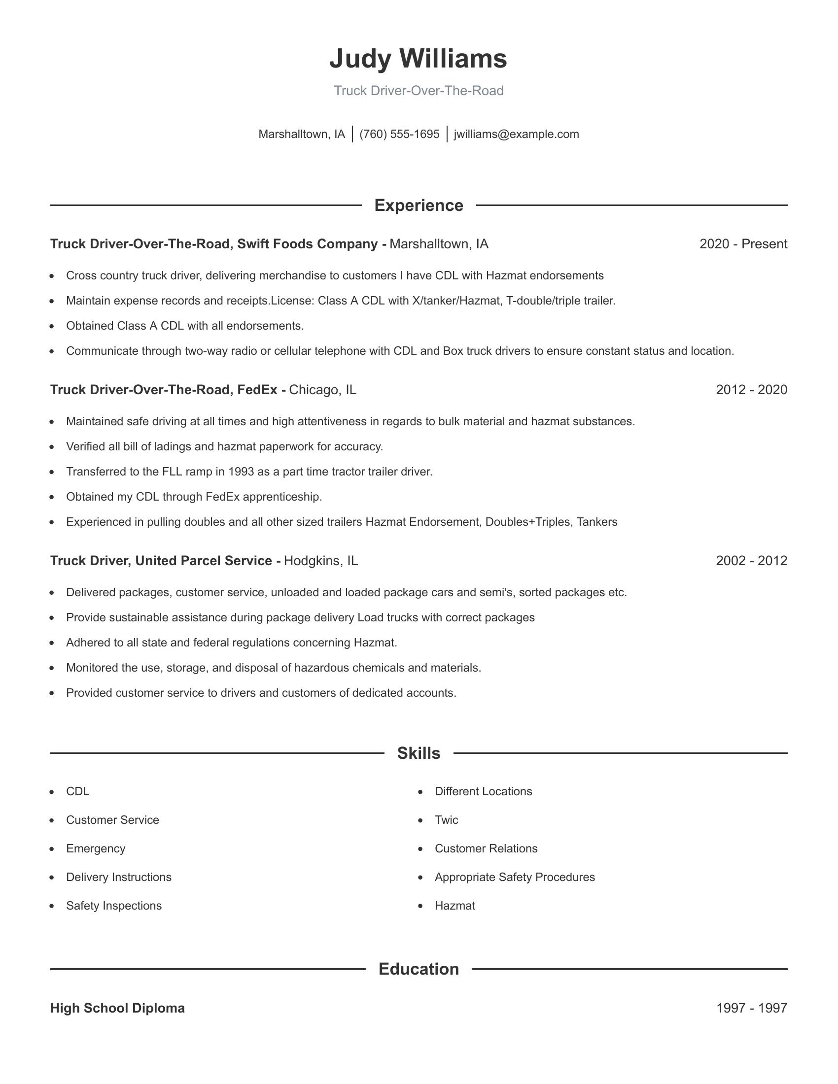 Truck Driver-Over-The-Road resume example