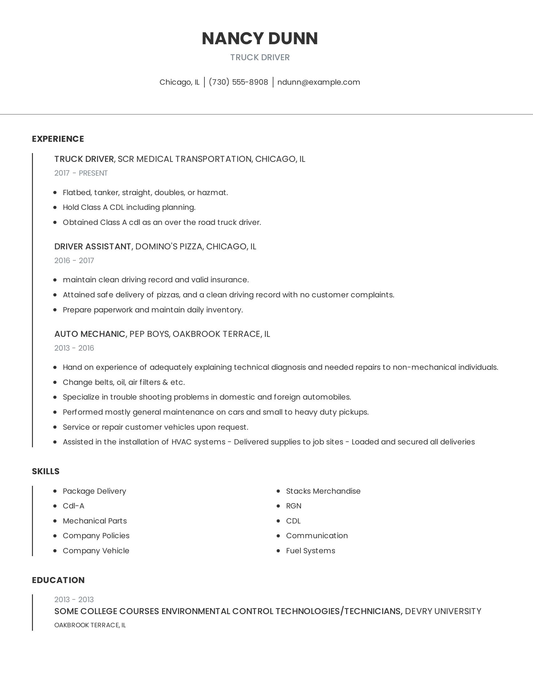 Truck Driver resume example