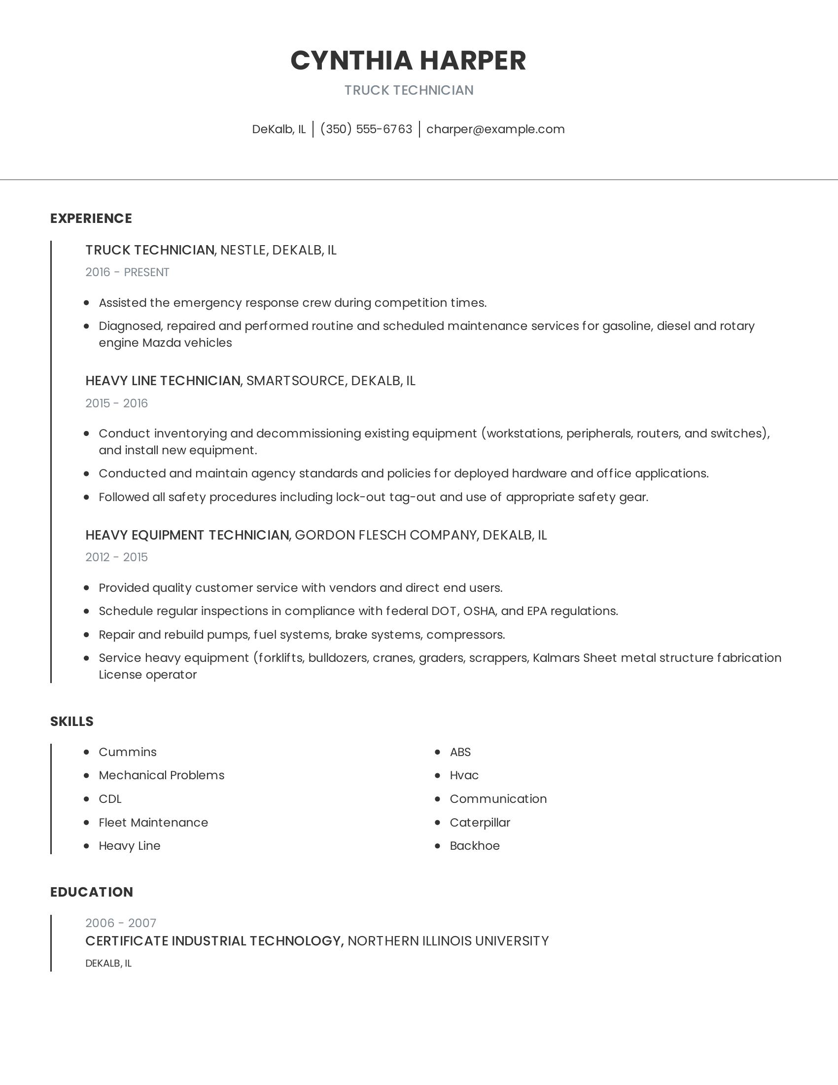 Truck Technician resume example