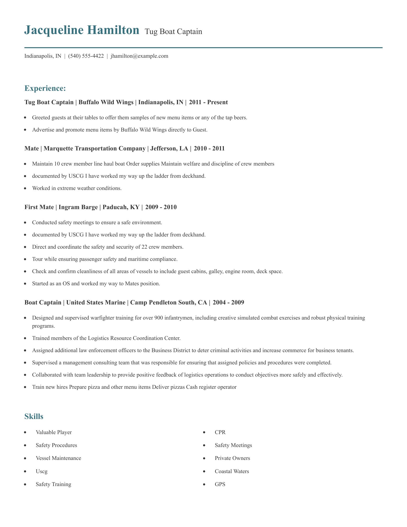 Tug Boat Captain resume example