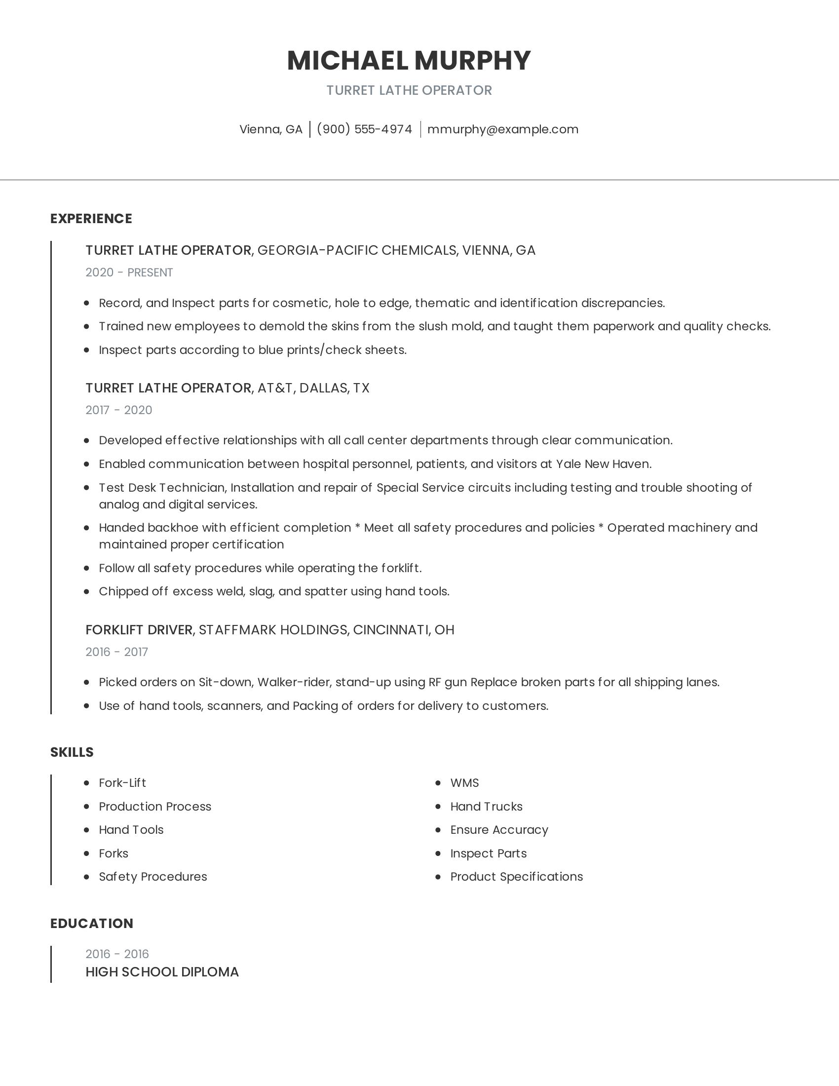 Turret Lathe Operator resume example