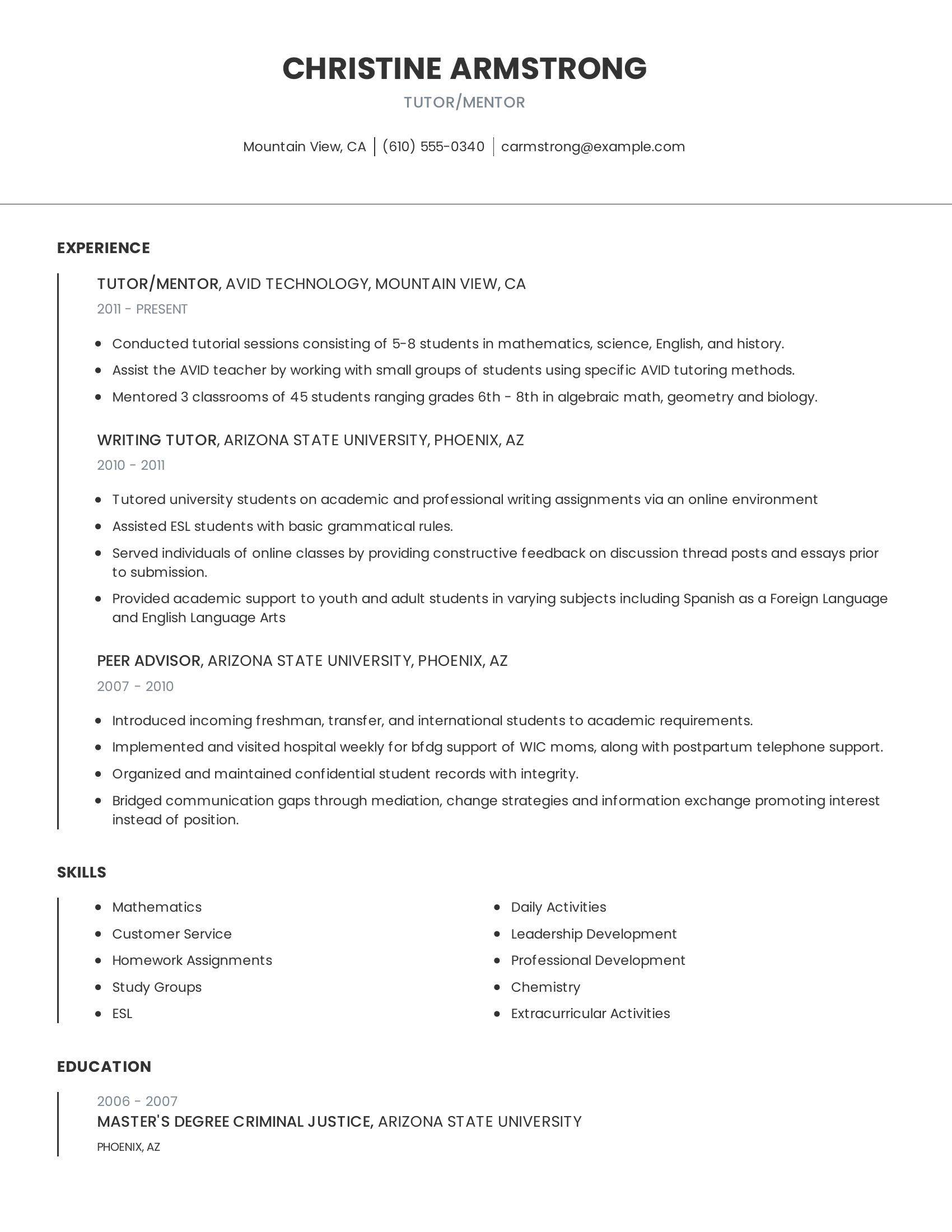 Tutor/Mentor resume example