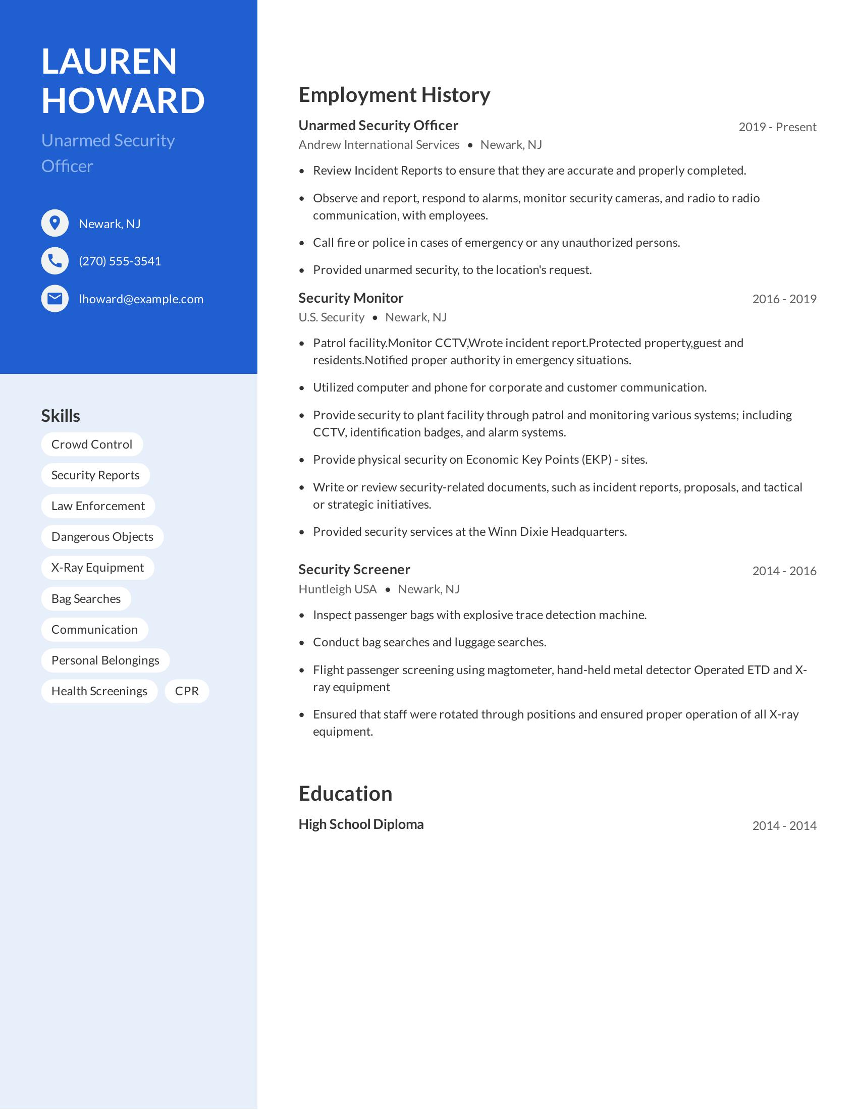 Unarmed Security Officer resume example