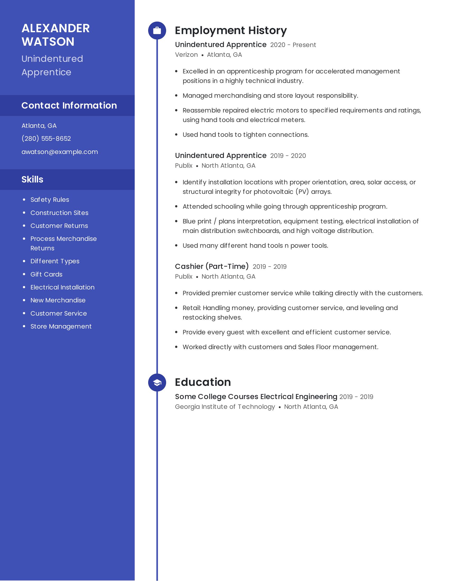 Unindentured Apprentice resume example