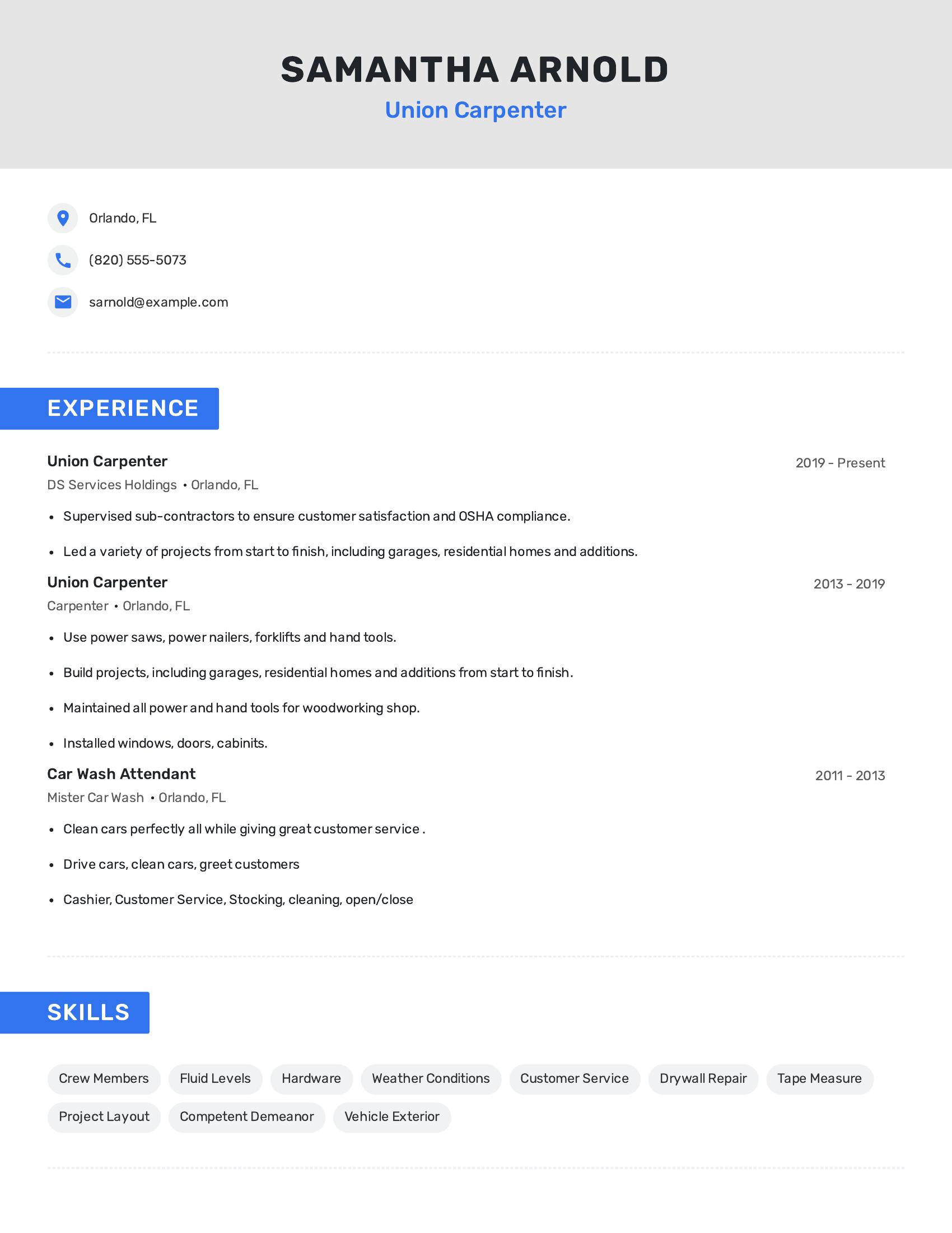 Union Carpenter resume example