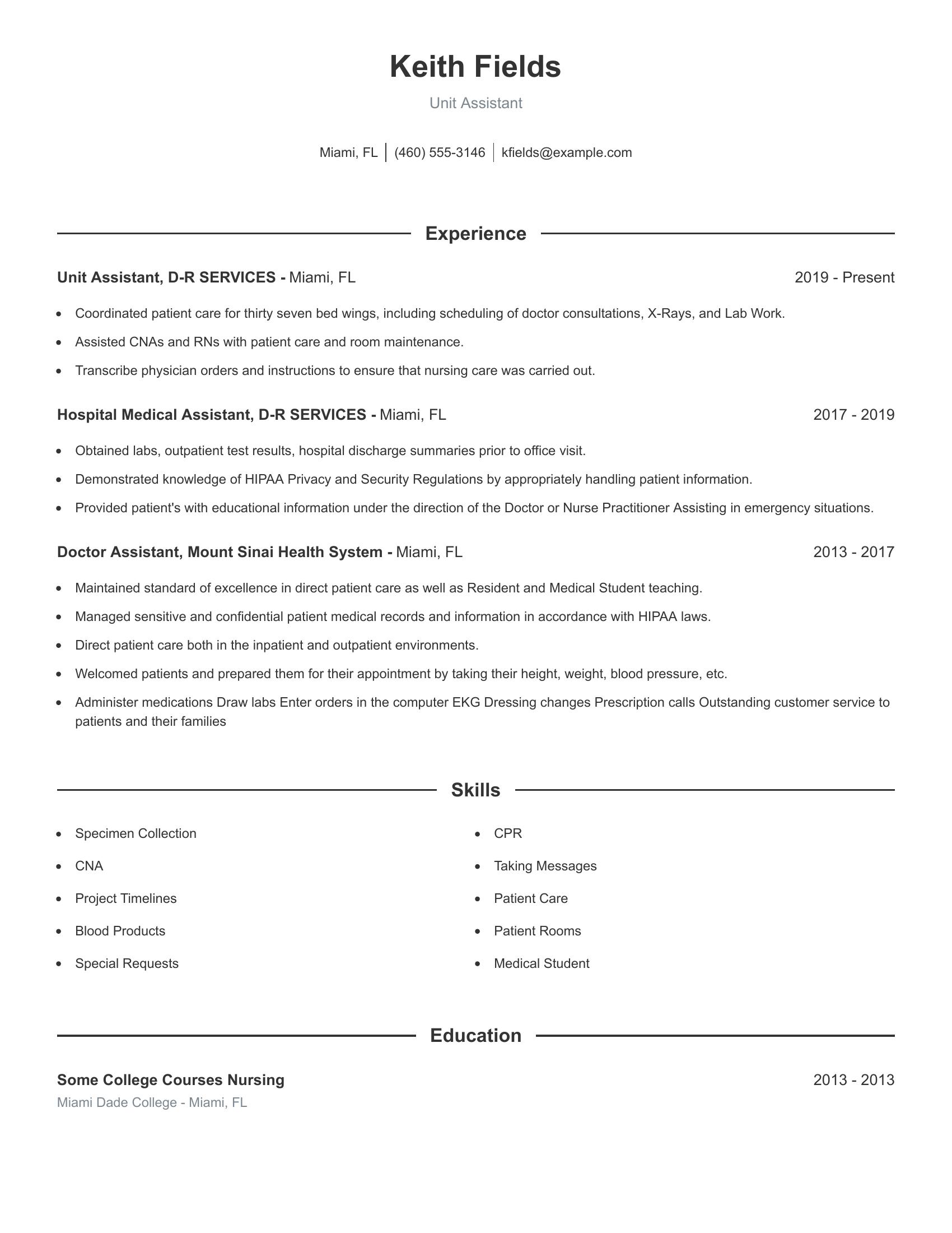 Unit Assistant resume example