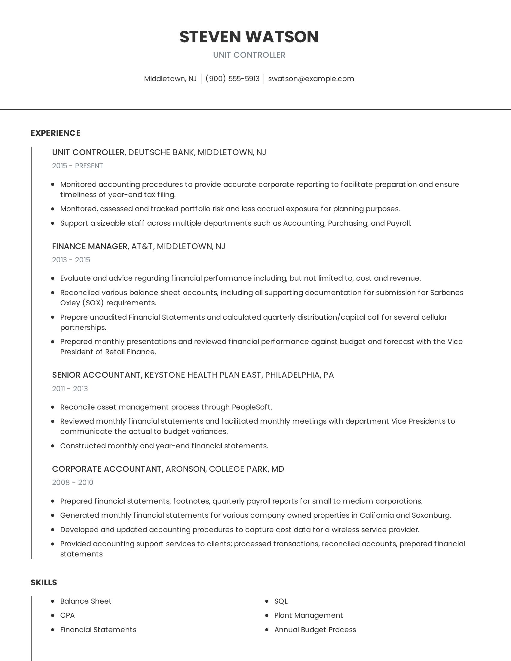 Unit Controller resume example