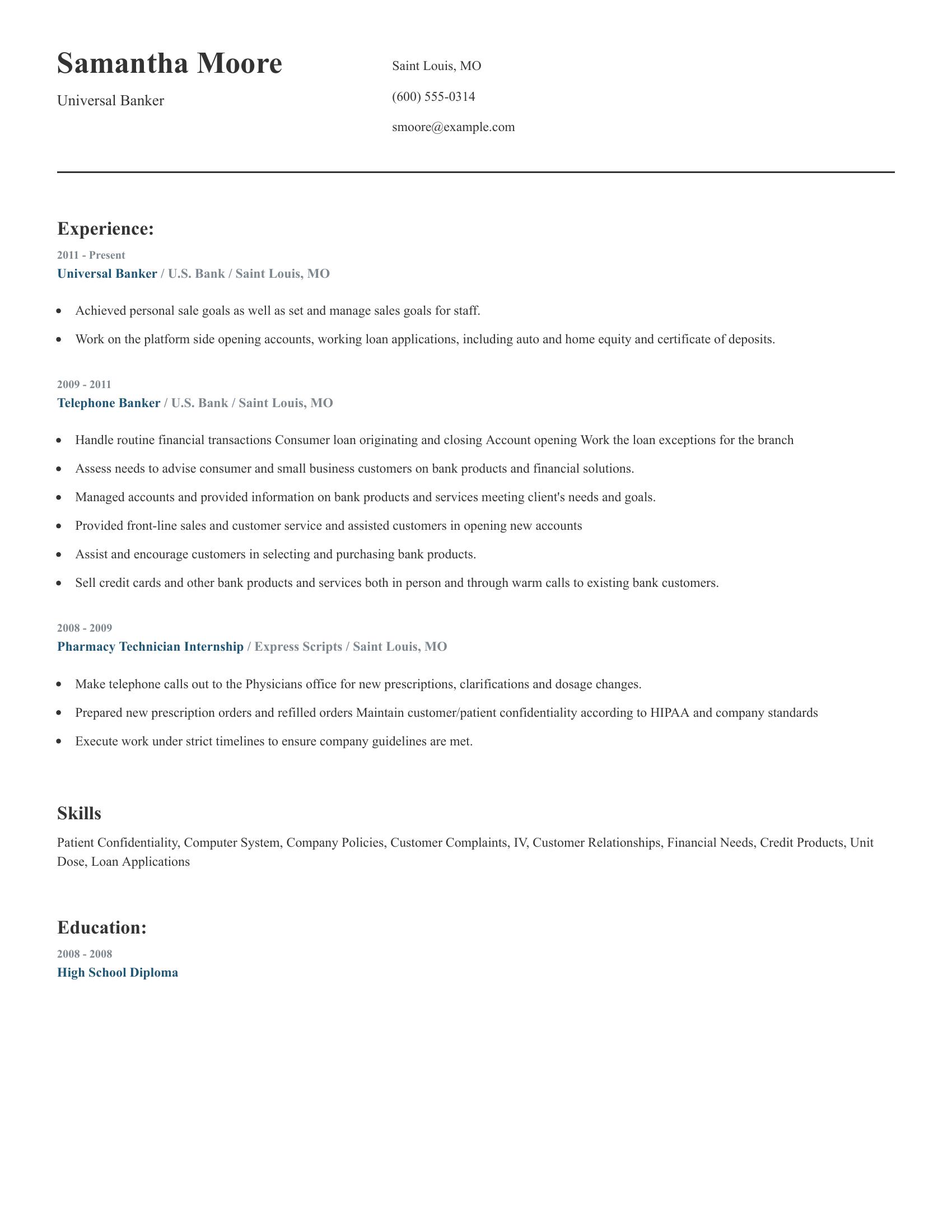 Universal Banker resume example