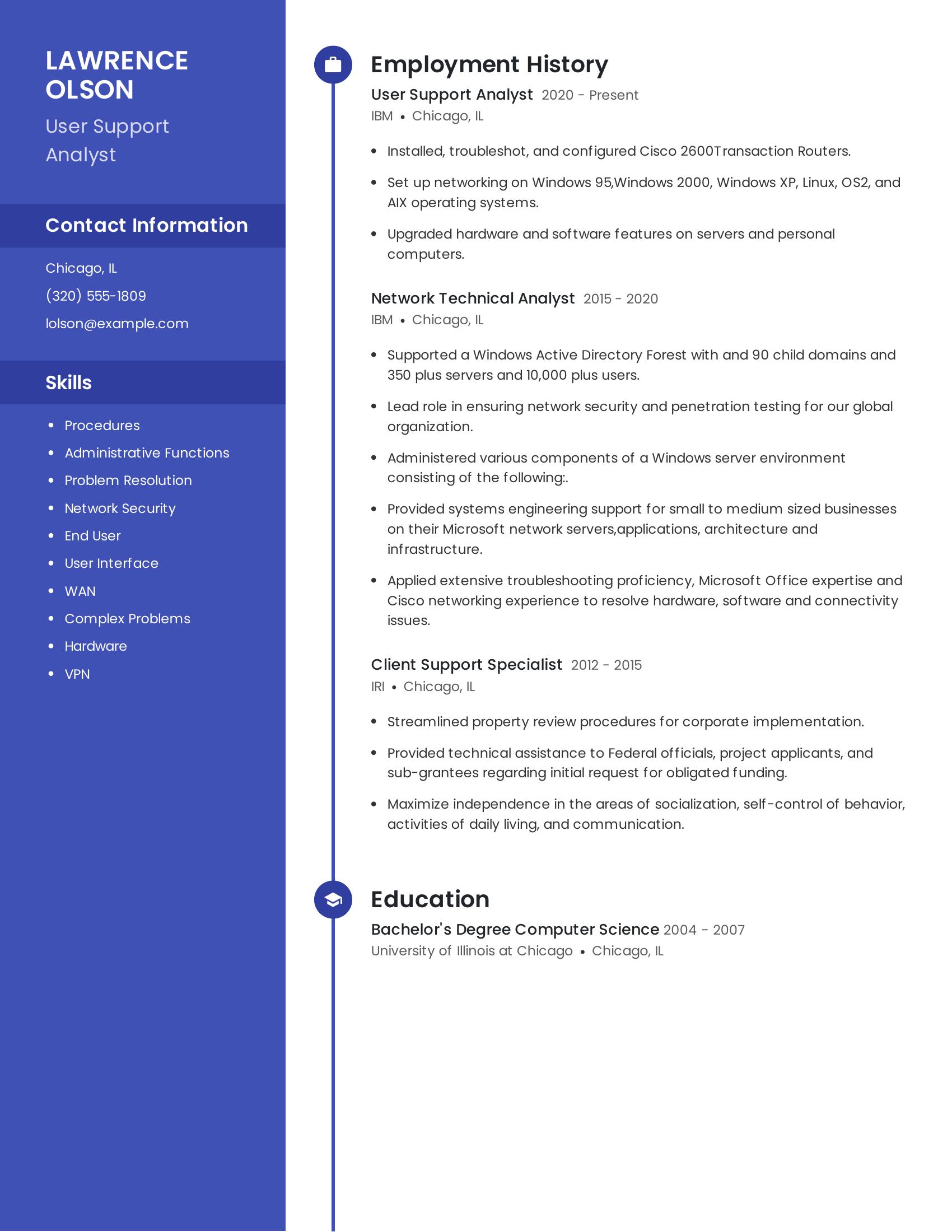 User Support Analyst resume example