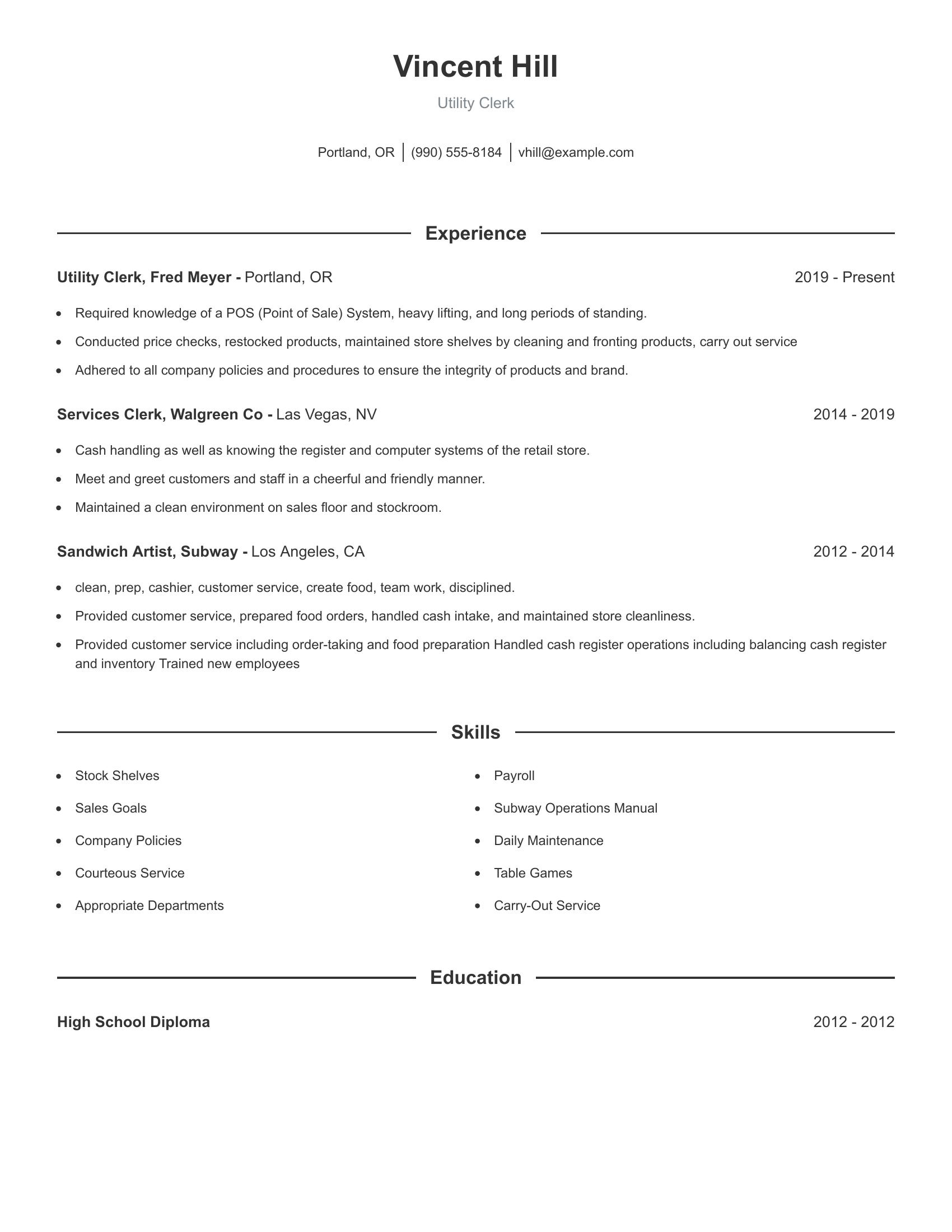 Utility Clerk resume example