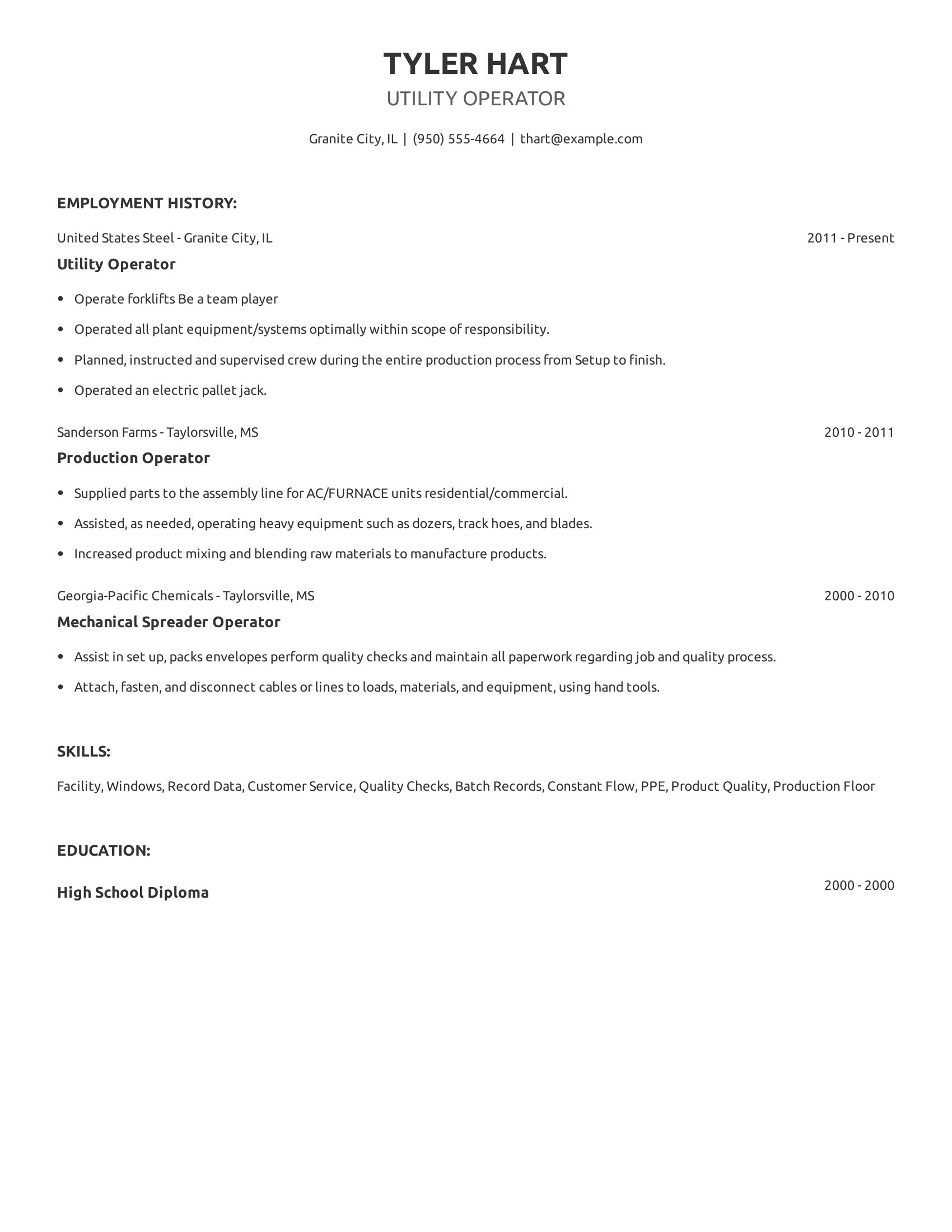 Utility Operator resume example