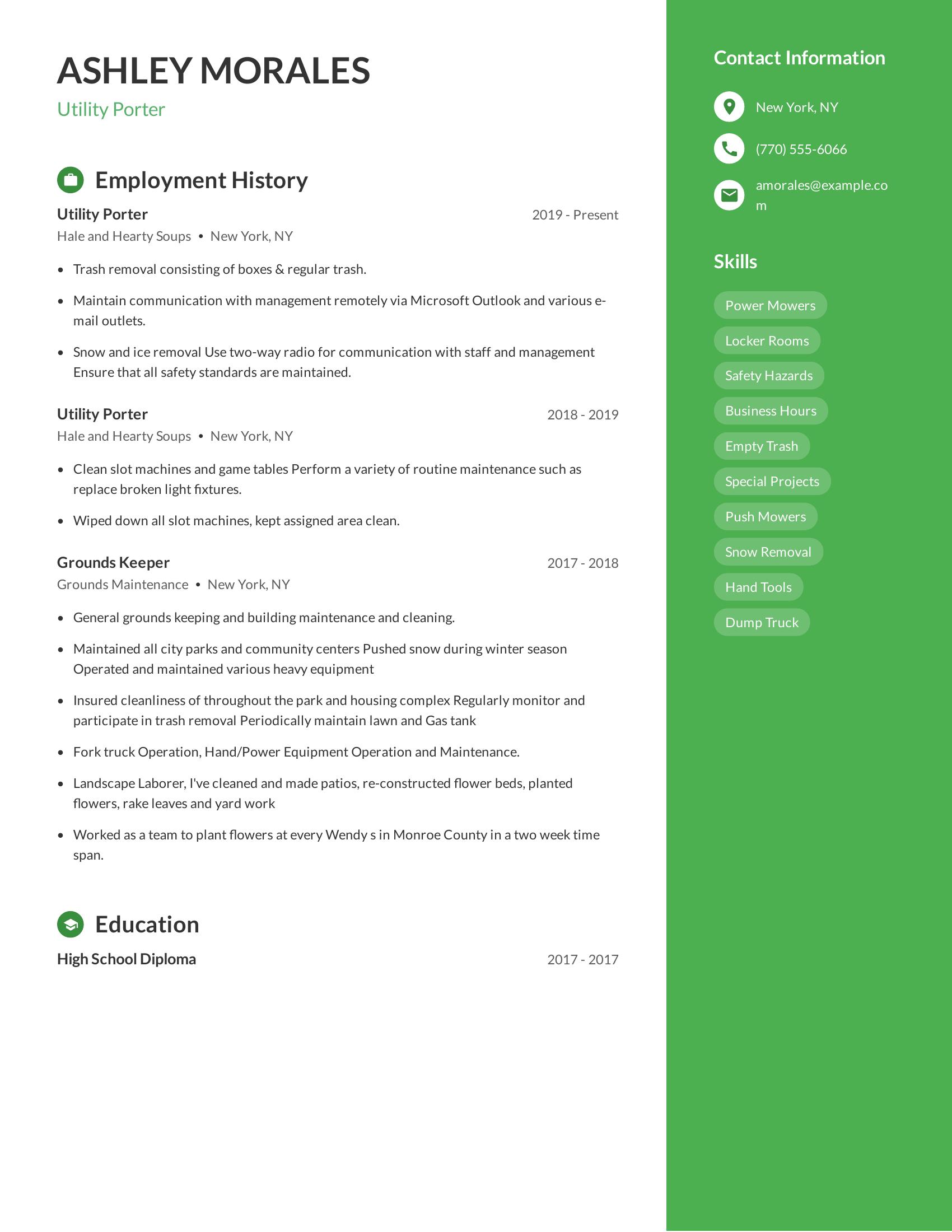 Utility Porter resume example