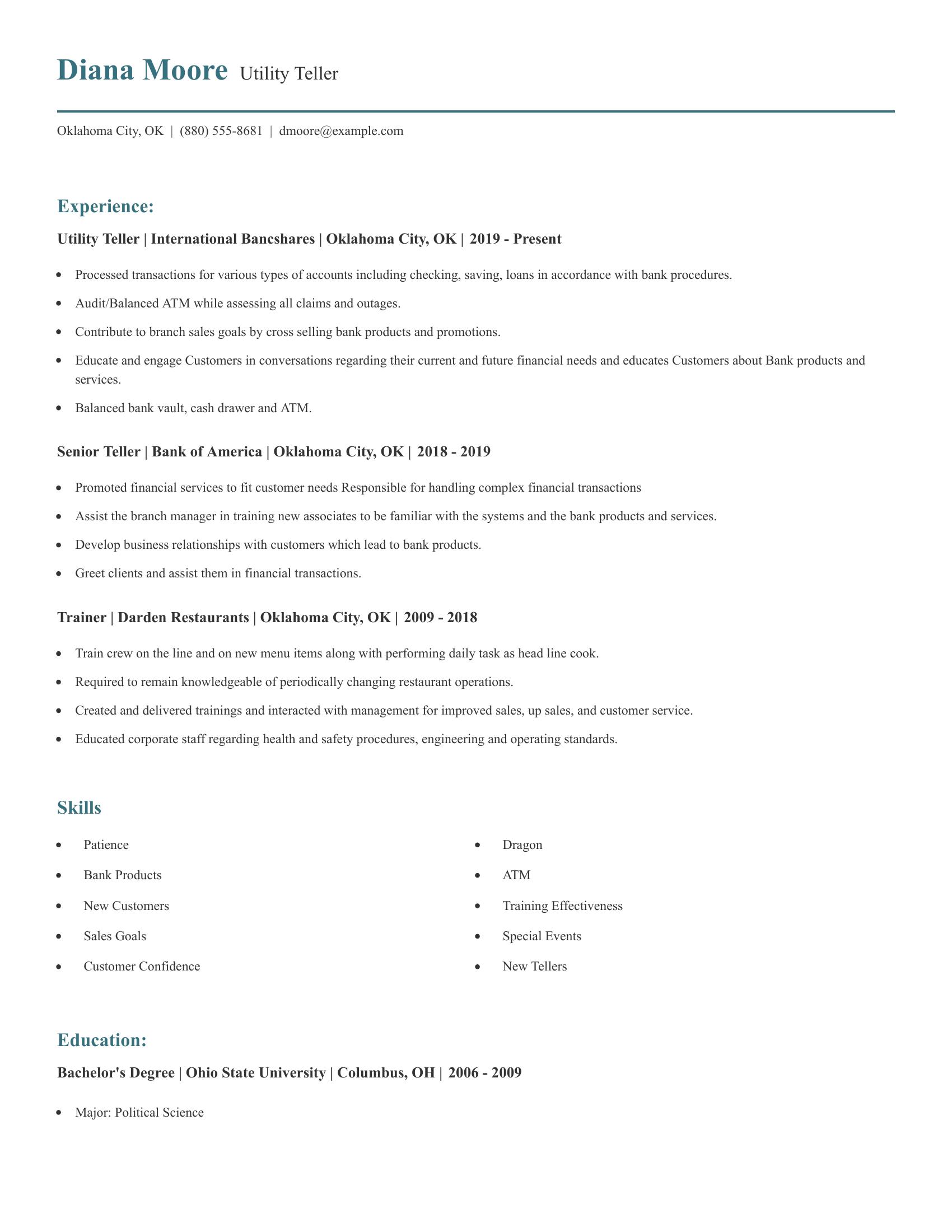 Utility Teller resume example