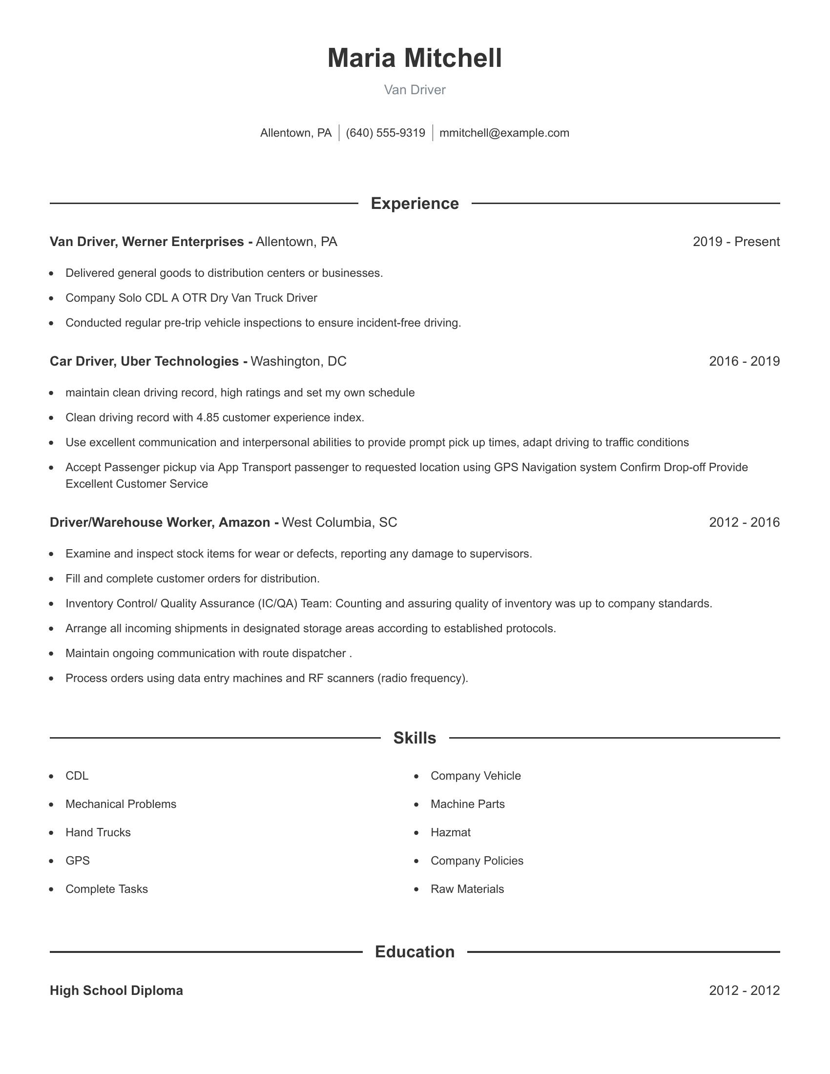 Van Driver resume example