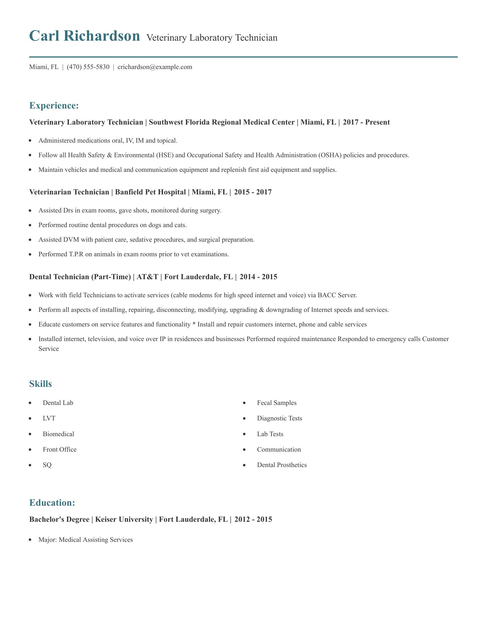 Veterinary Laboratory Technician resume example