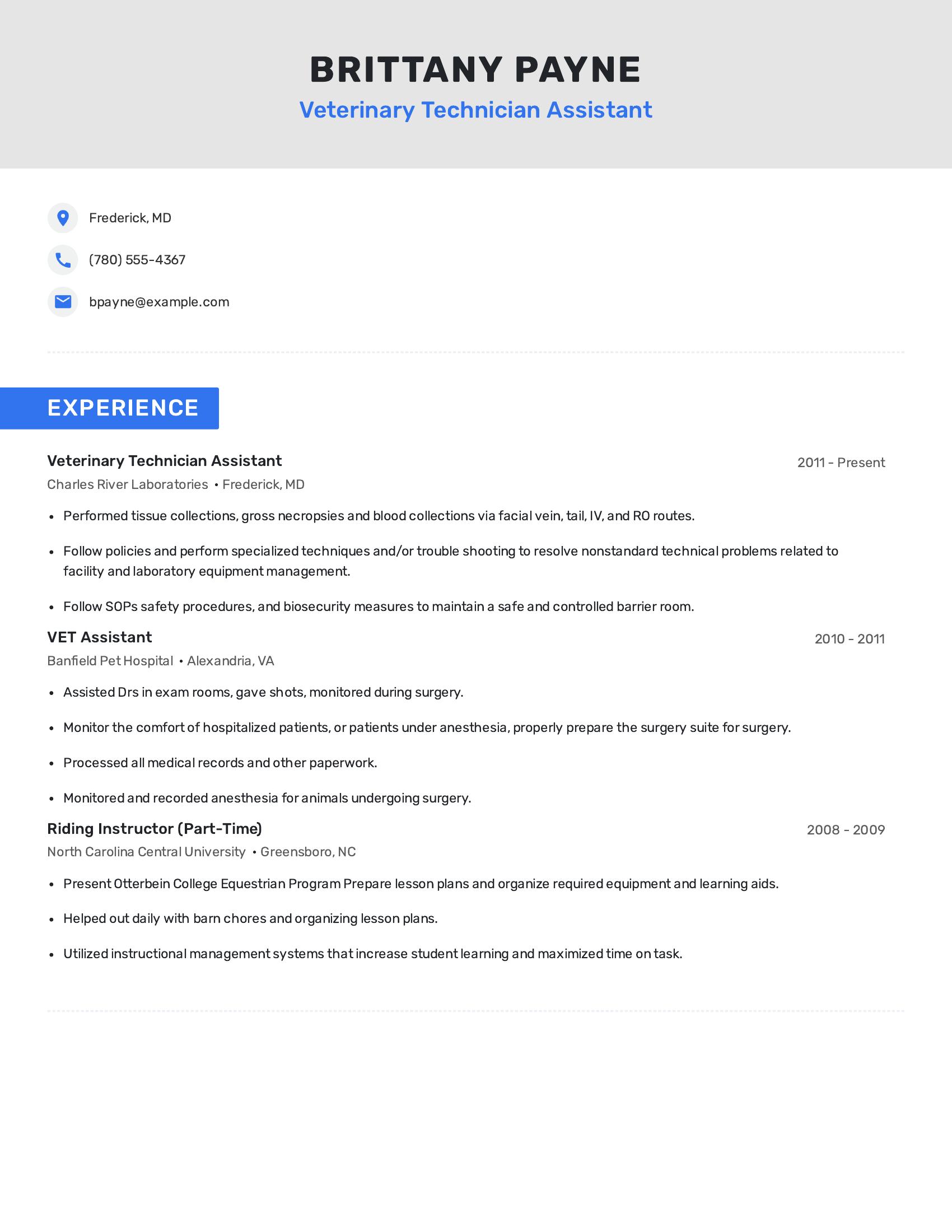 Veterinary Technician Assistant resume example