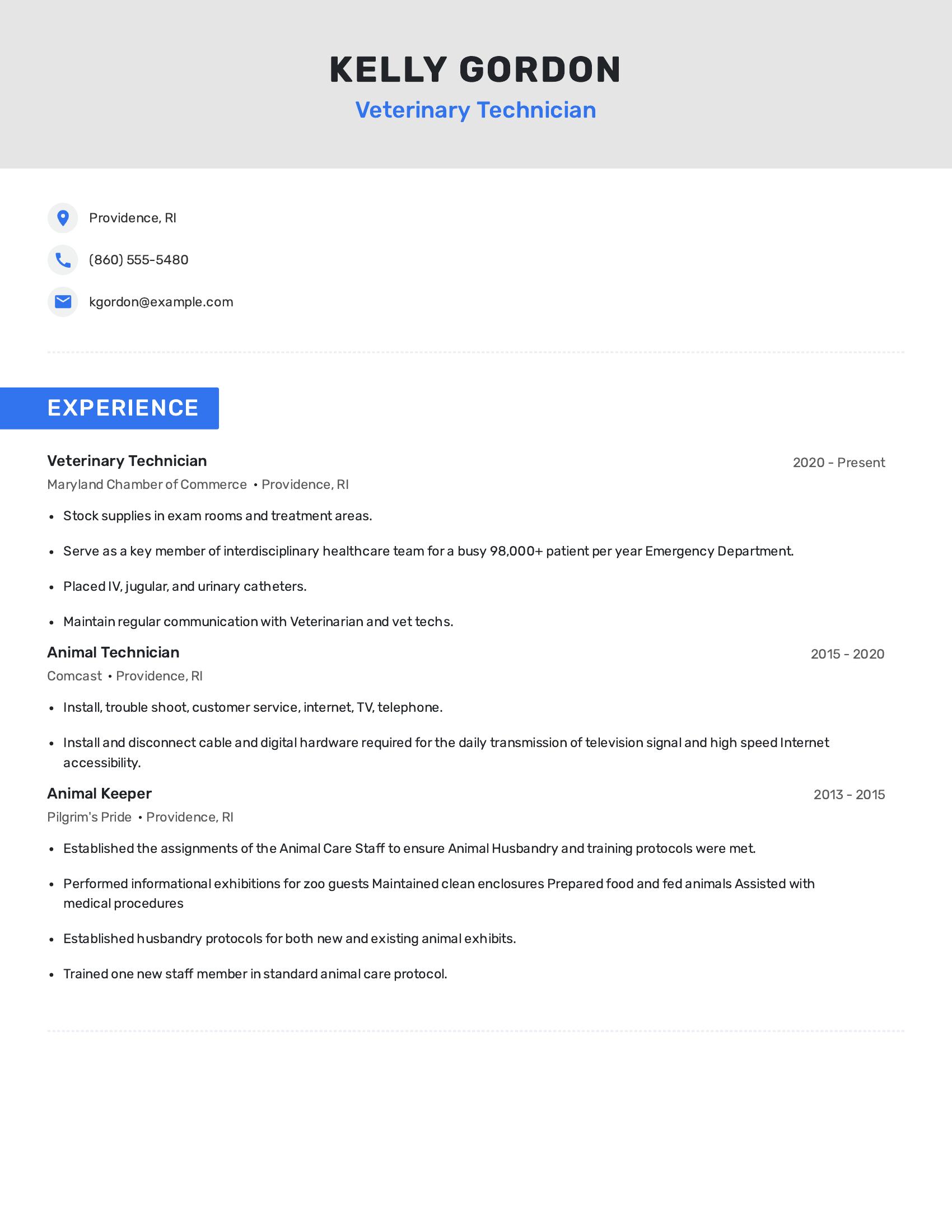 Veterinary Technician resume example