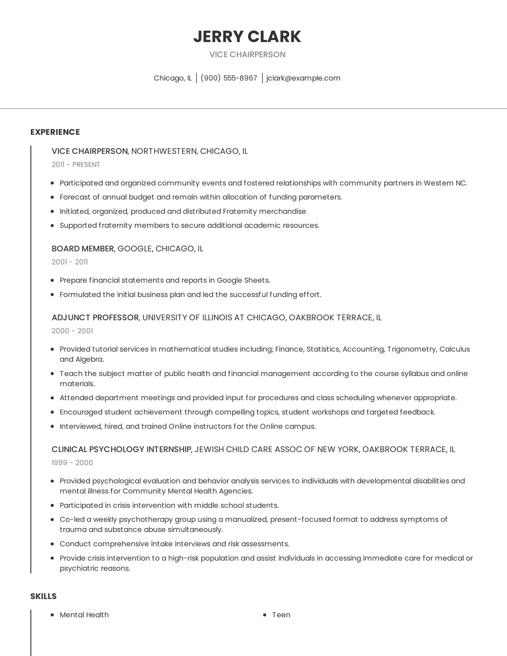 Vice Chairperson resume example