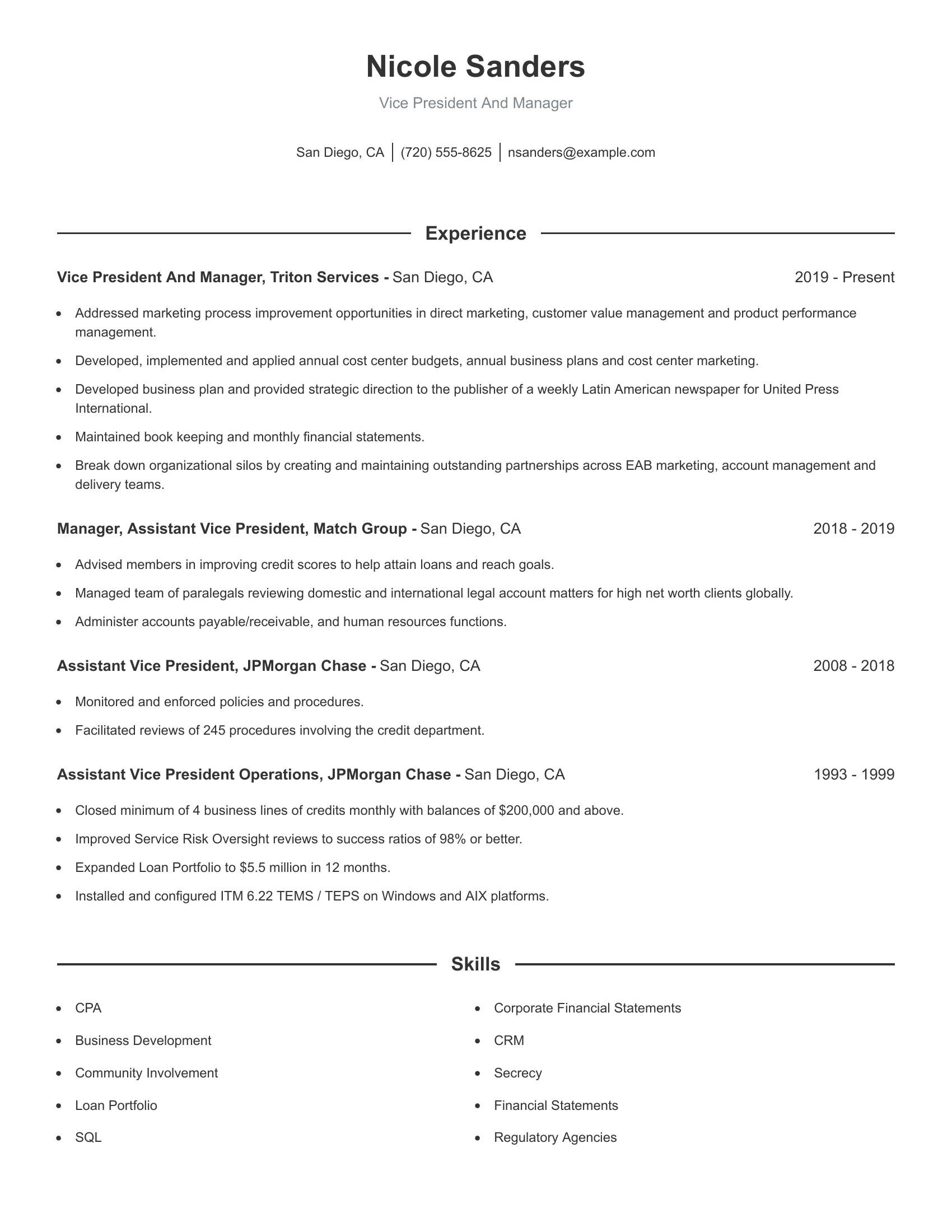 Vice President And Manager resume example