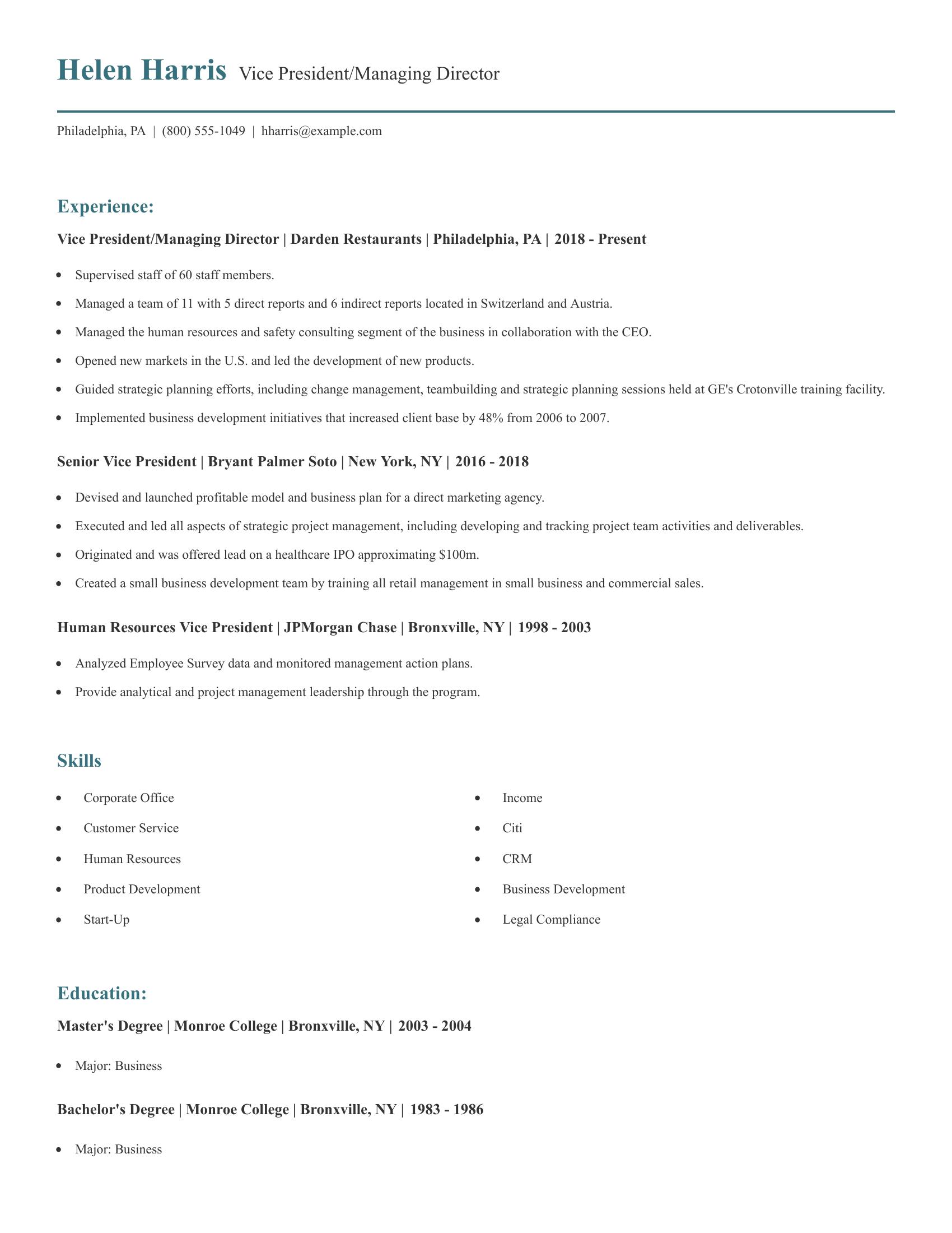 Vice President/Managing Director resume example