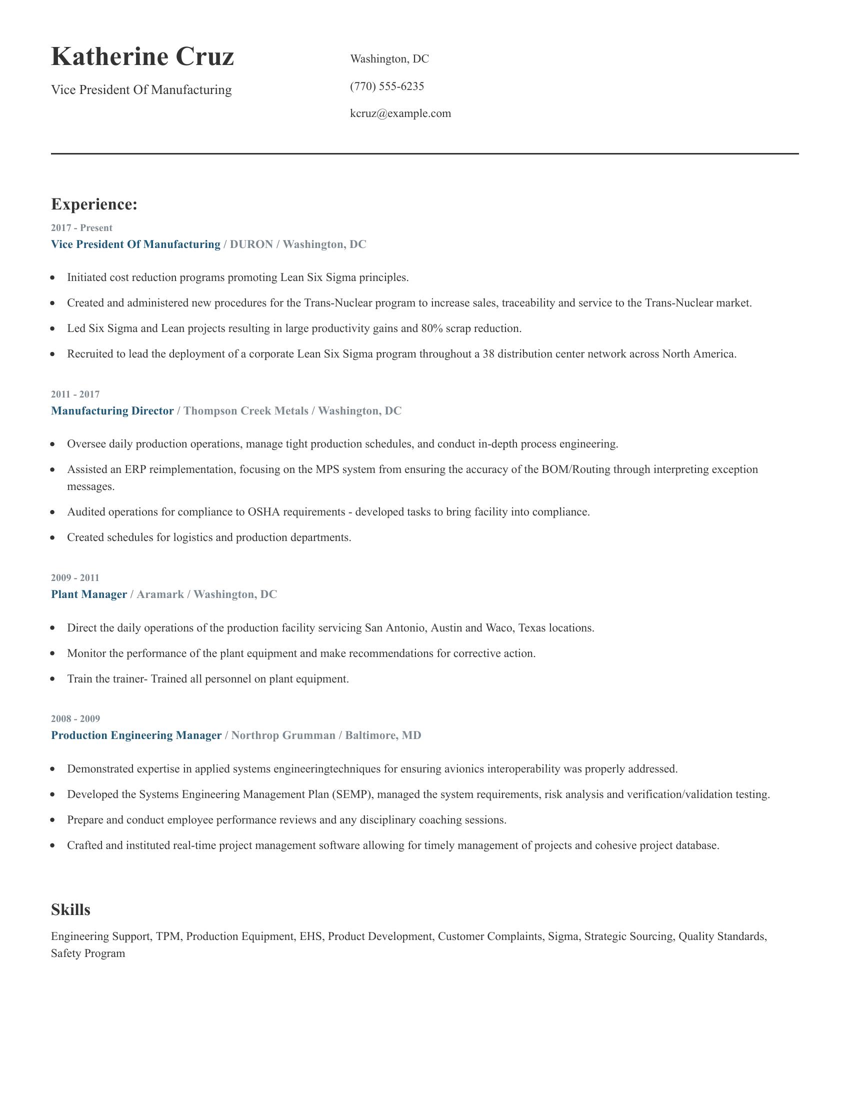 Vice President Of Manufacturing resume example