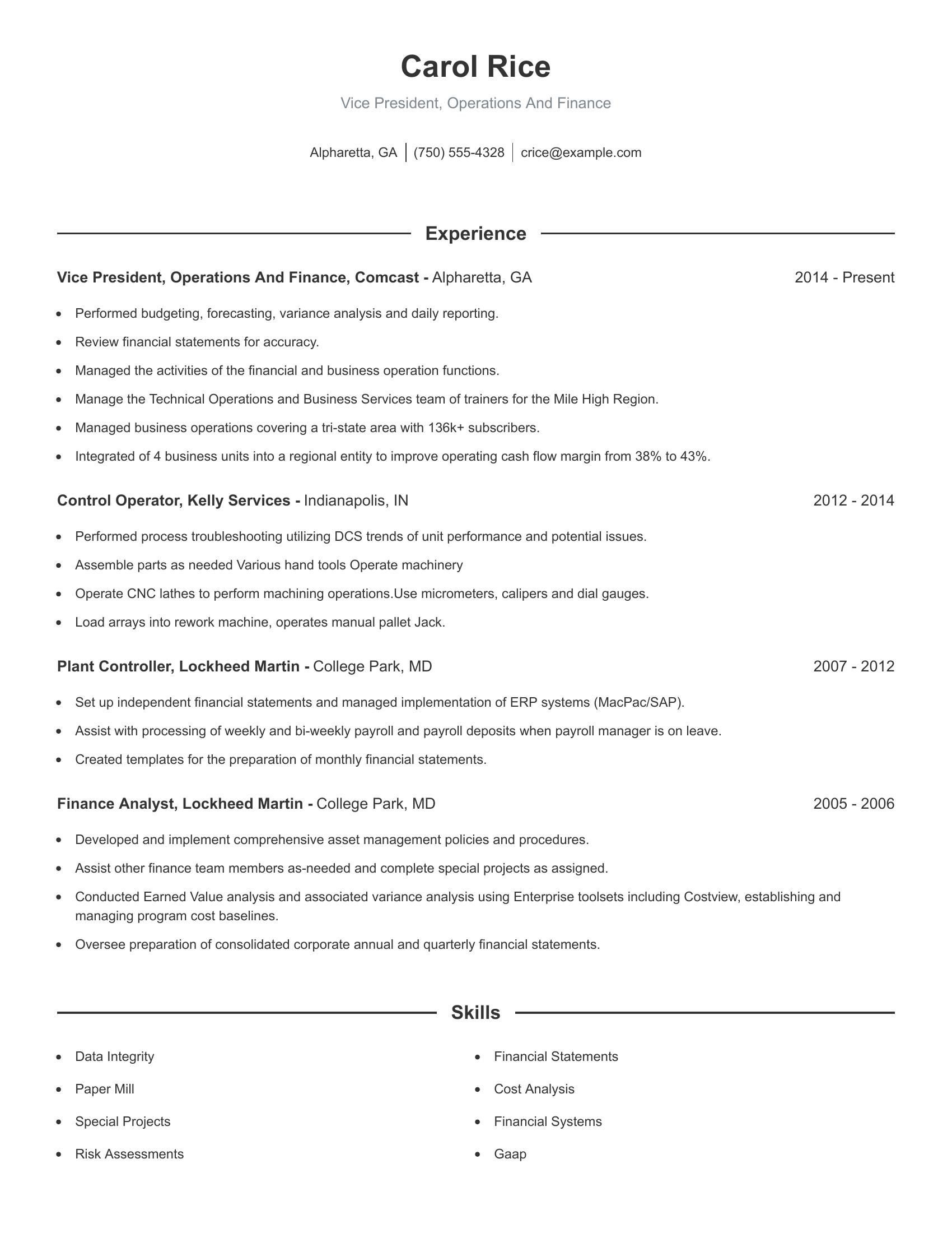 Vice President, Operations And Finance resume example