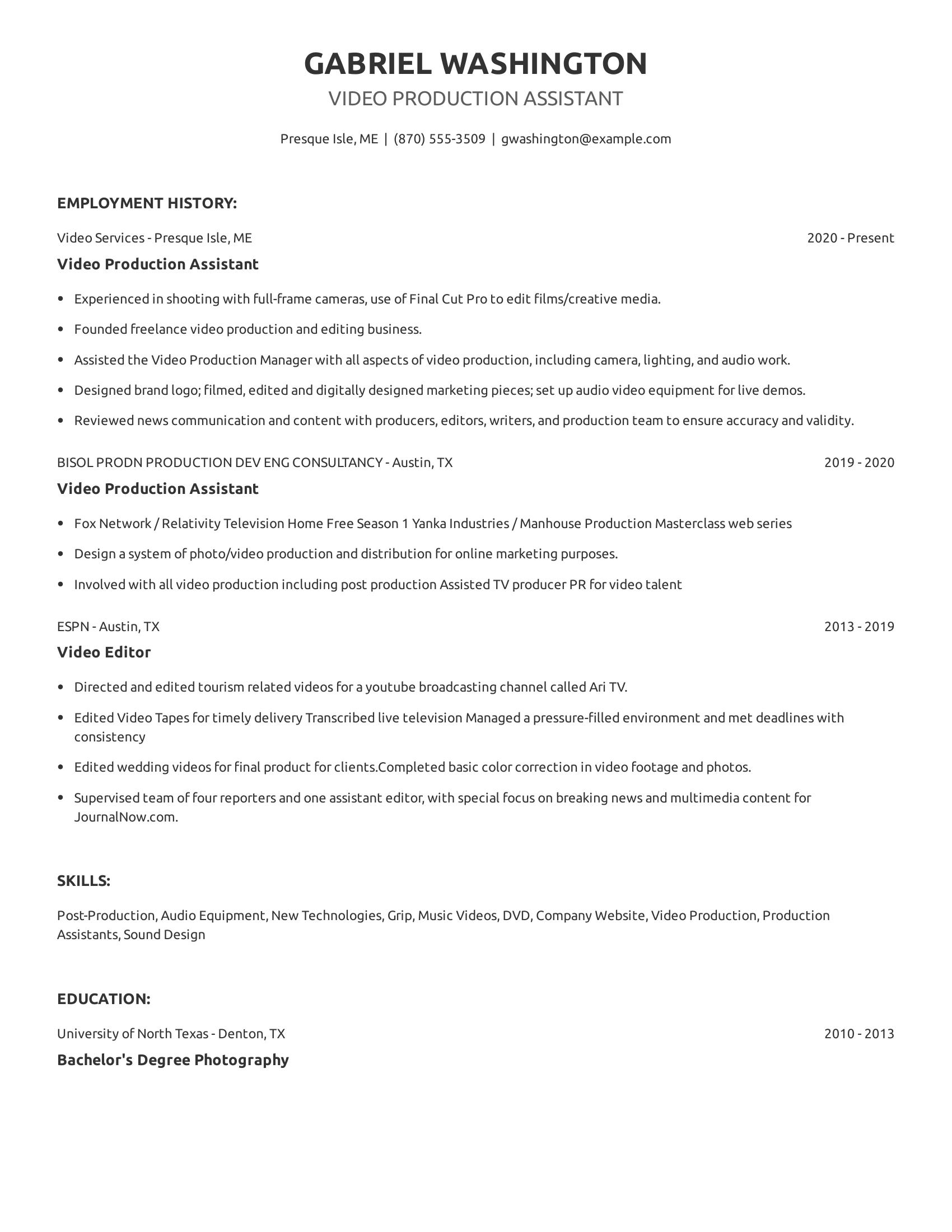 Video Production Assistant resume example