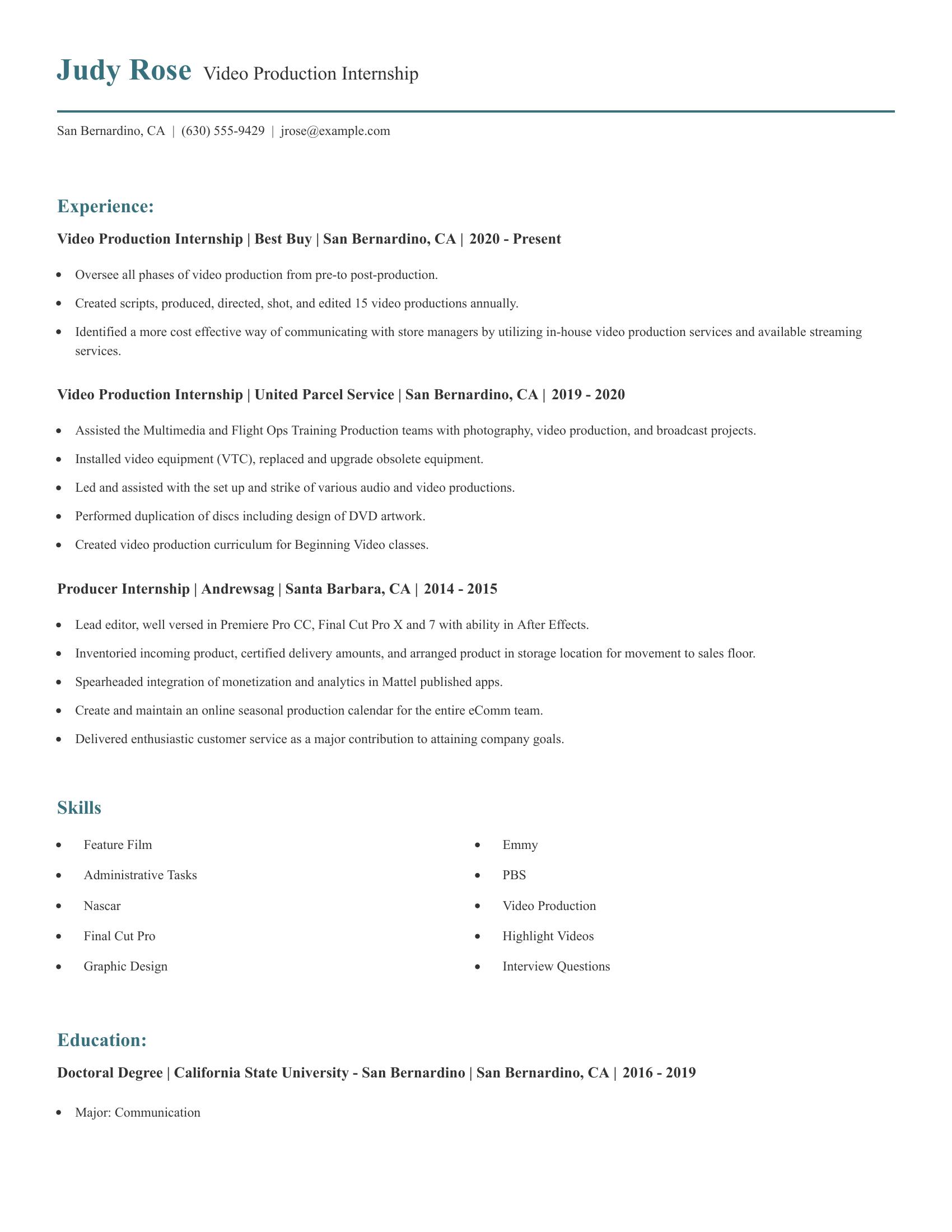 Video Production Internship resume example