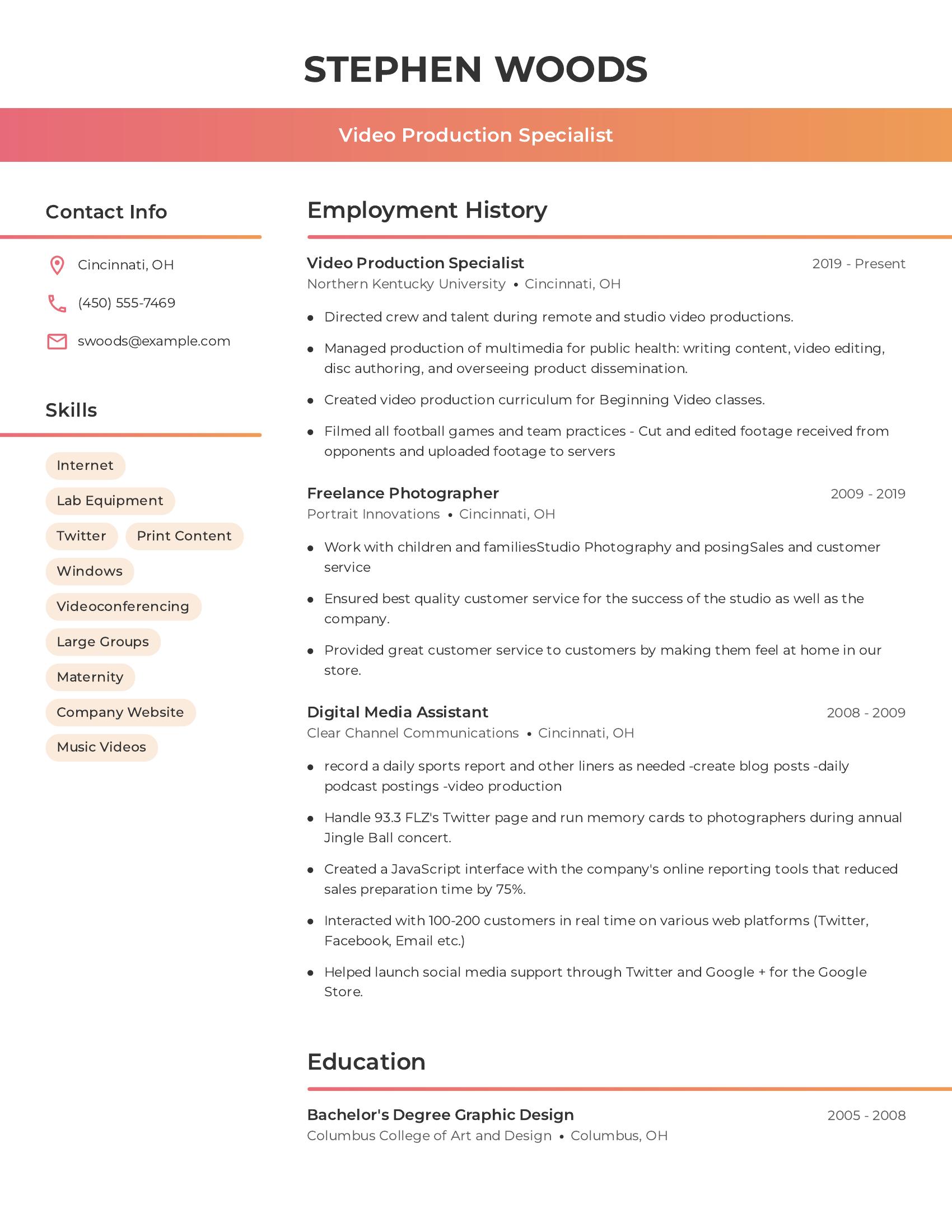 Video Production Specialist resume example