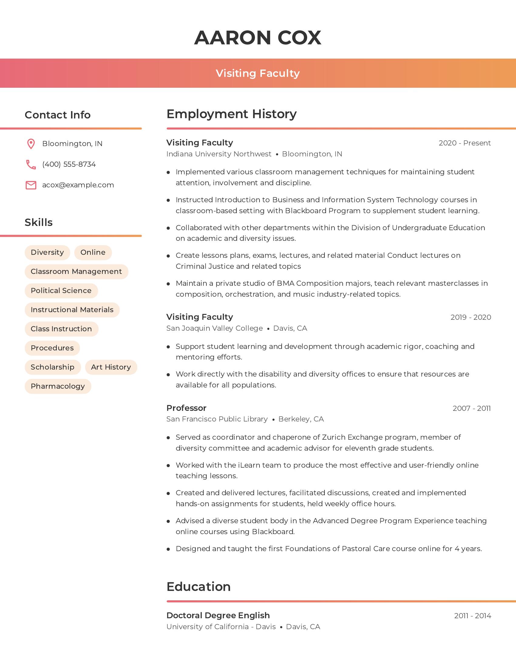 Visiting Faculty resume example