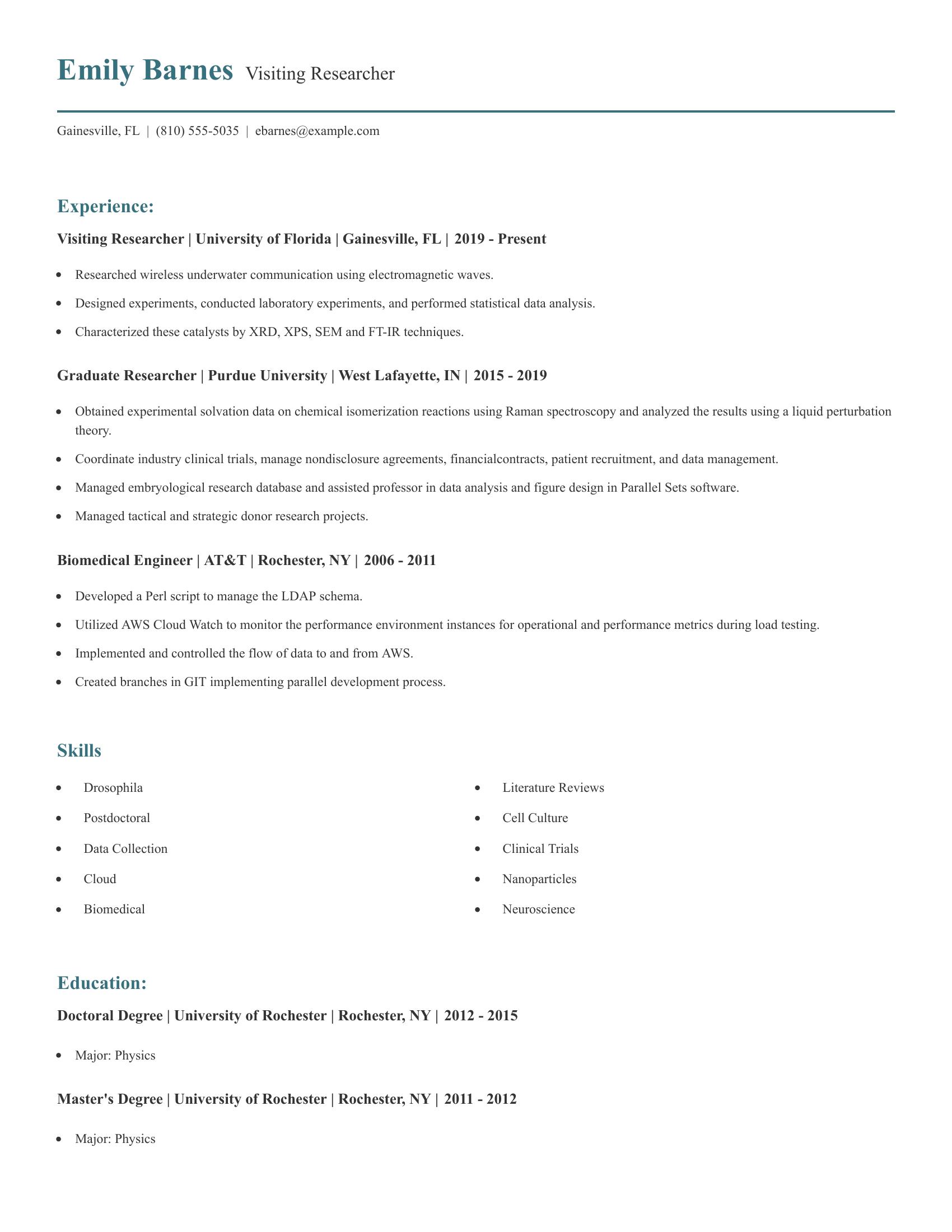 Visiting Researcher resume example