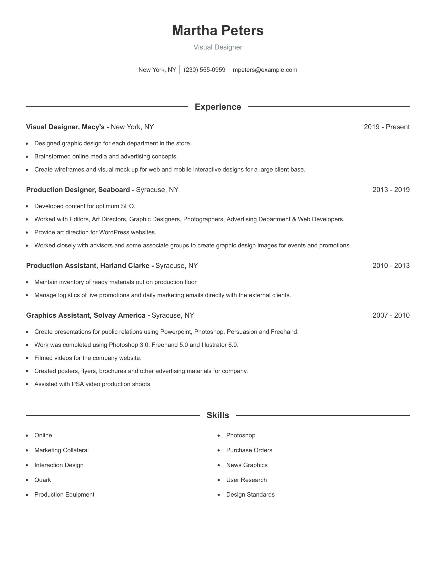 Visual Designer resume example