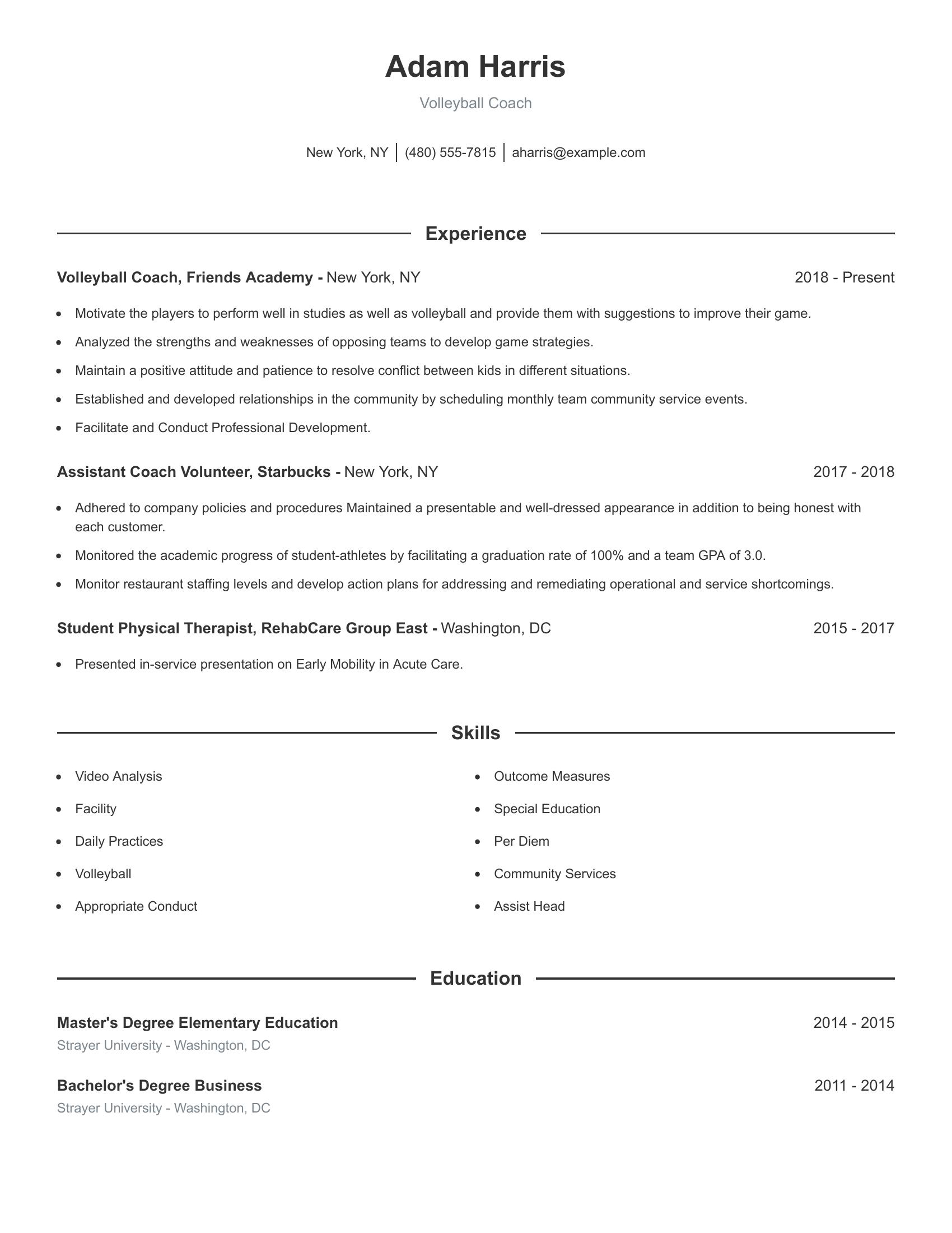 Volleyball Coach resume example