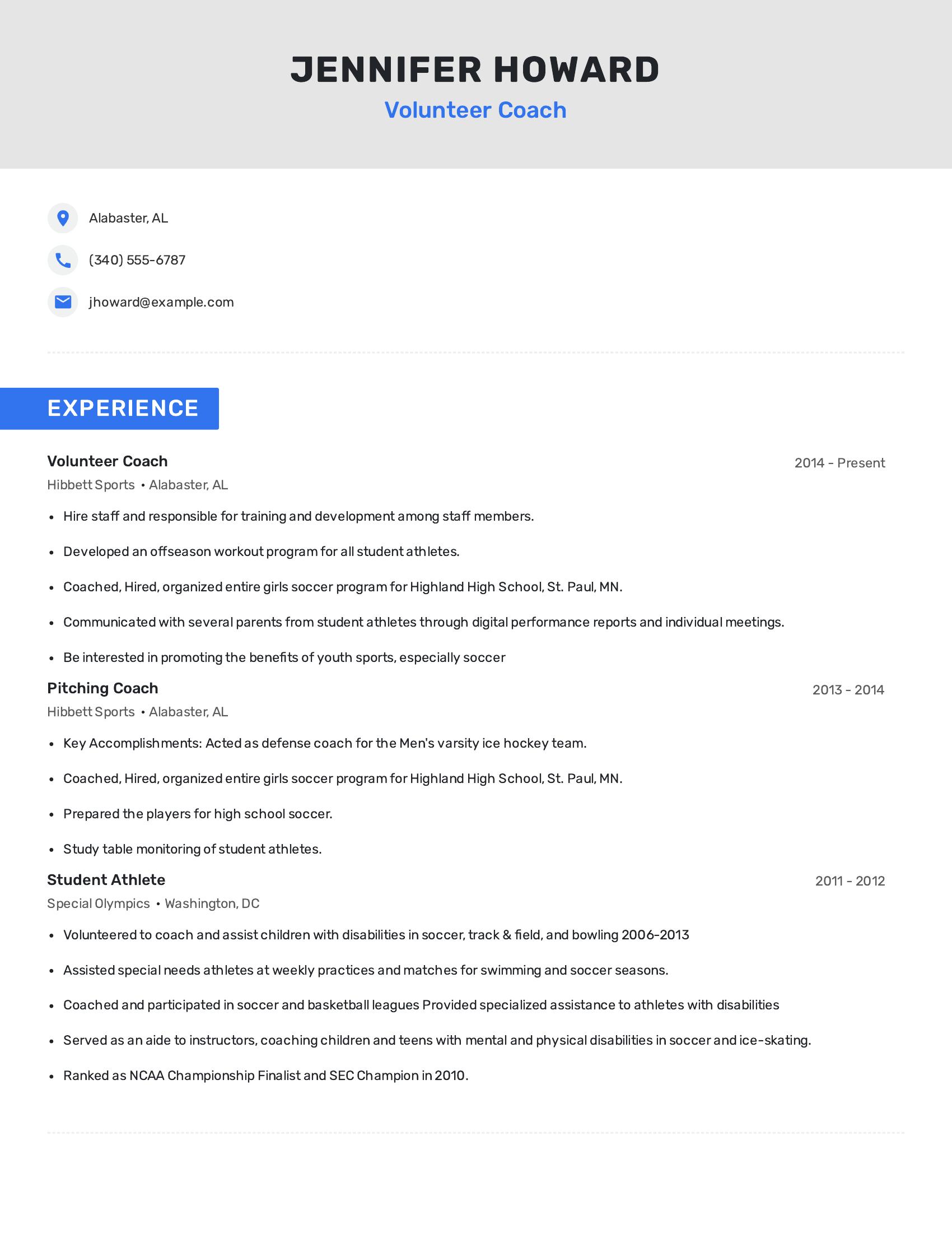 Volunteer Coach resume example