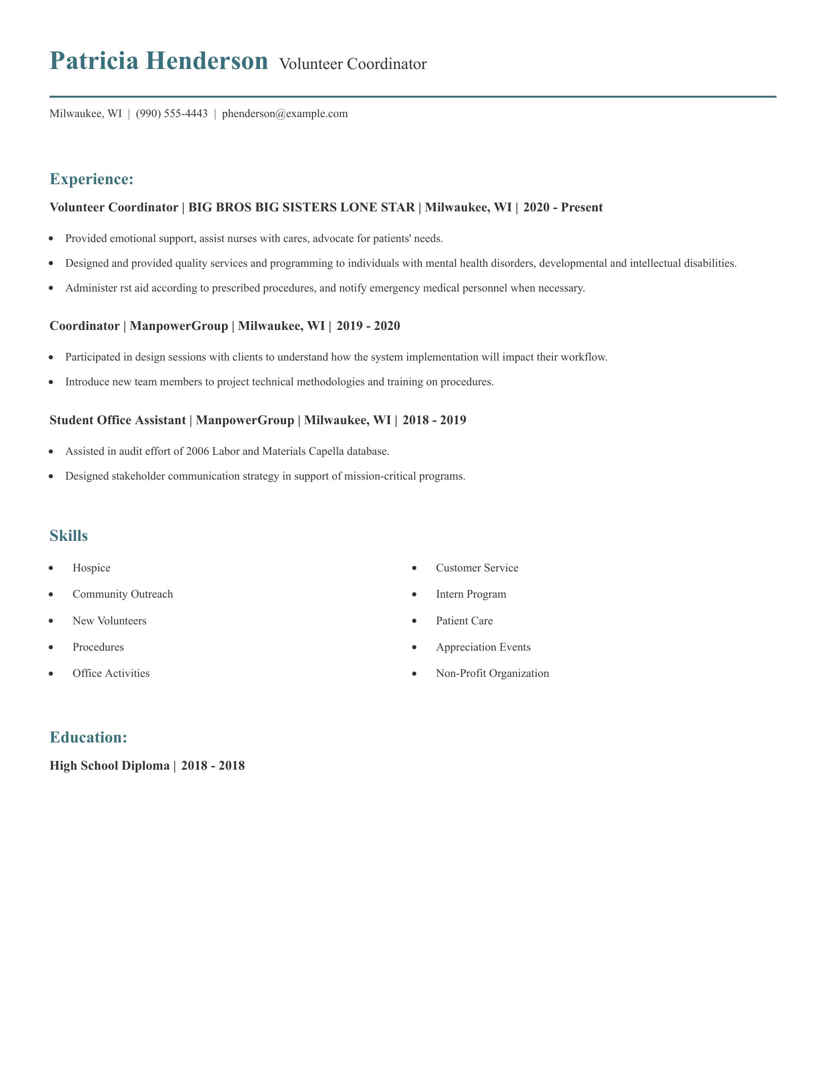 Volunteer Coordinator resume example