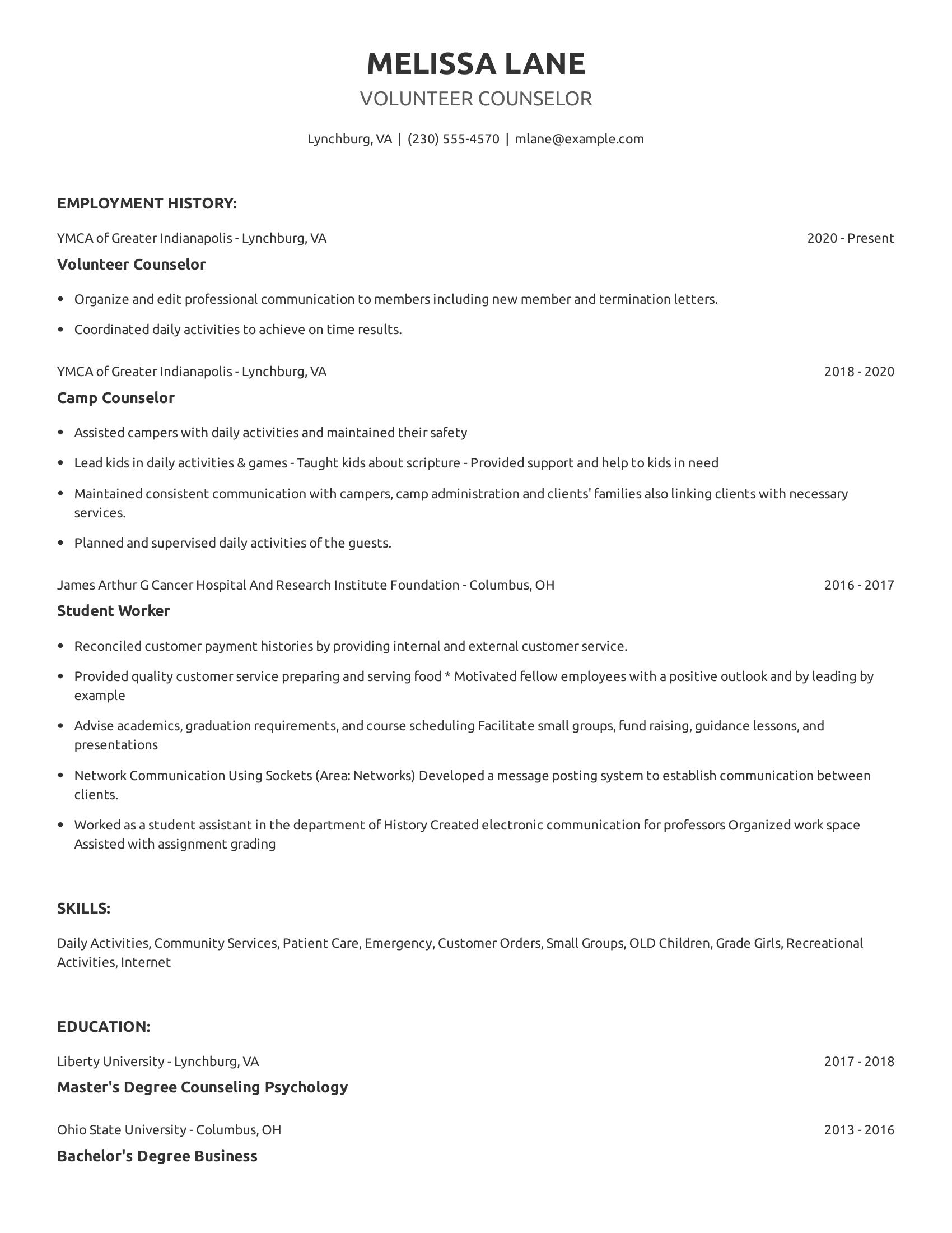 Volunteer Counselor resume example