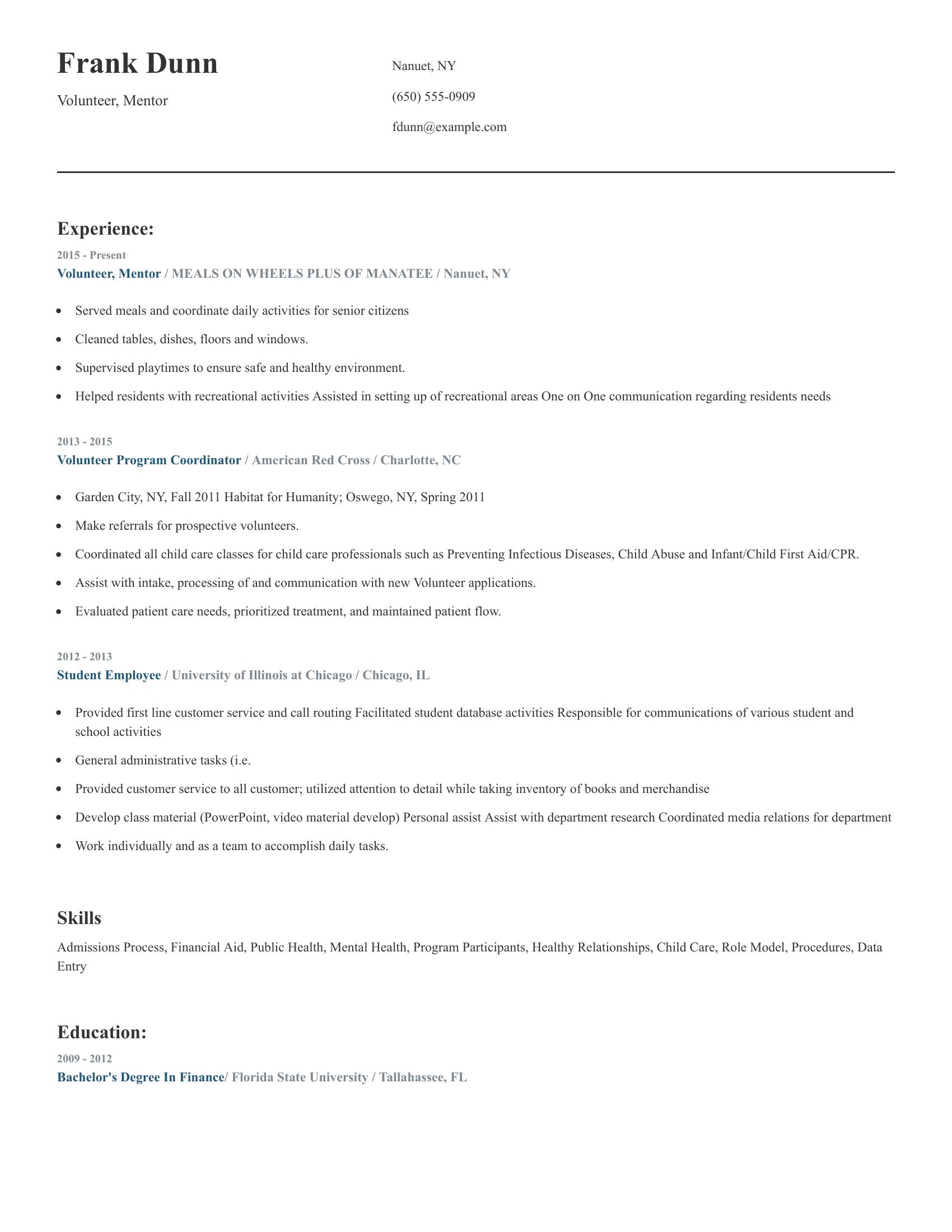 Volunteer, Mentor resume example