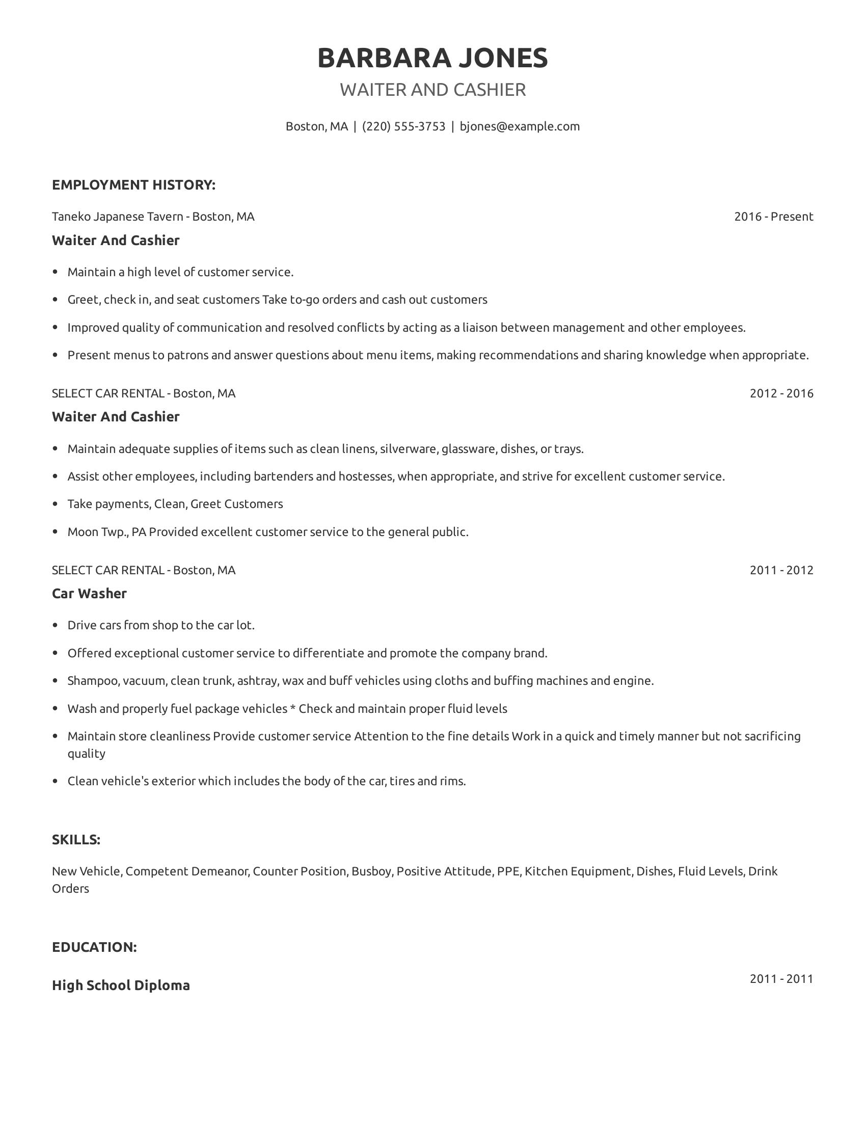 Waiter And Cashier resume example