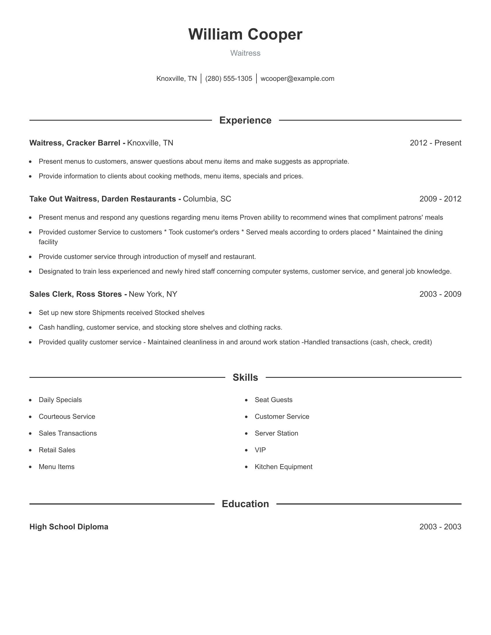 Waitress resume example