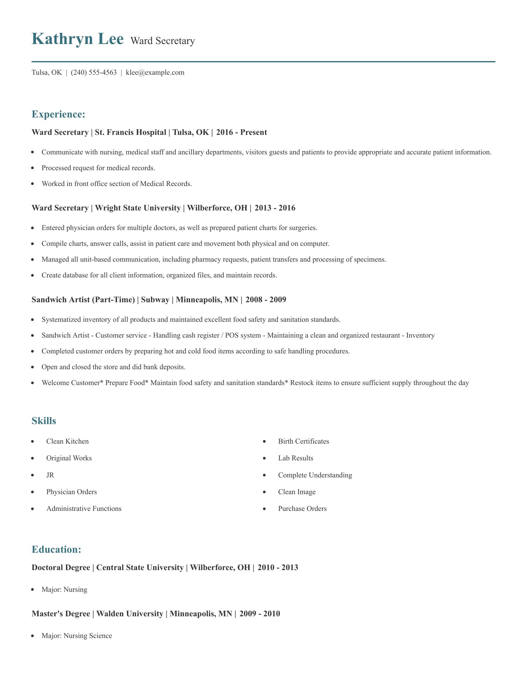 Ward Secretary resume example